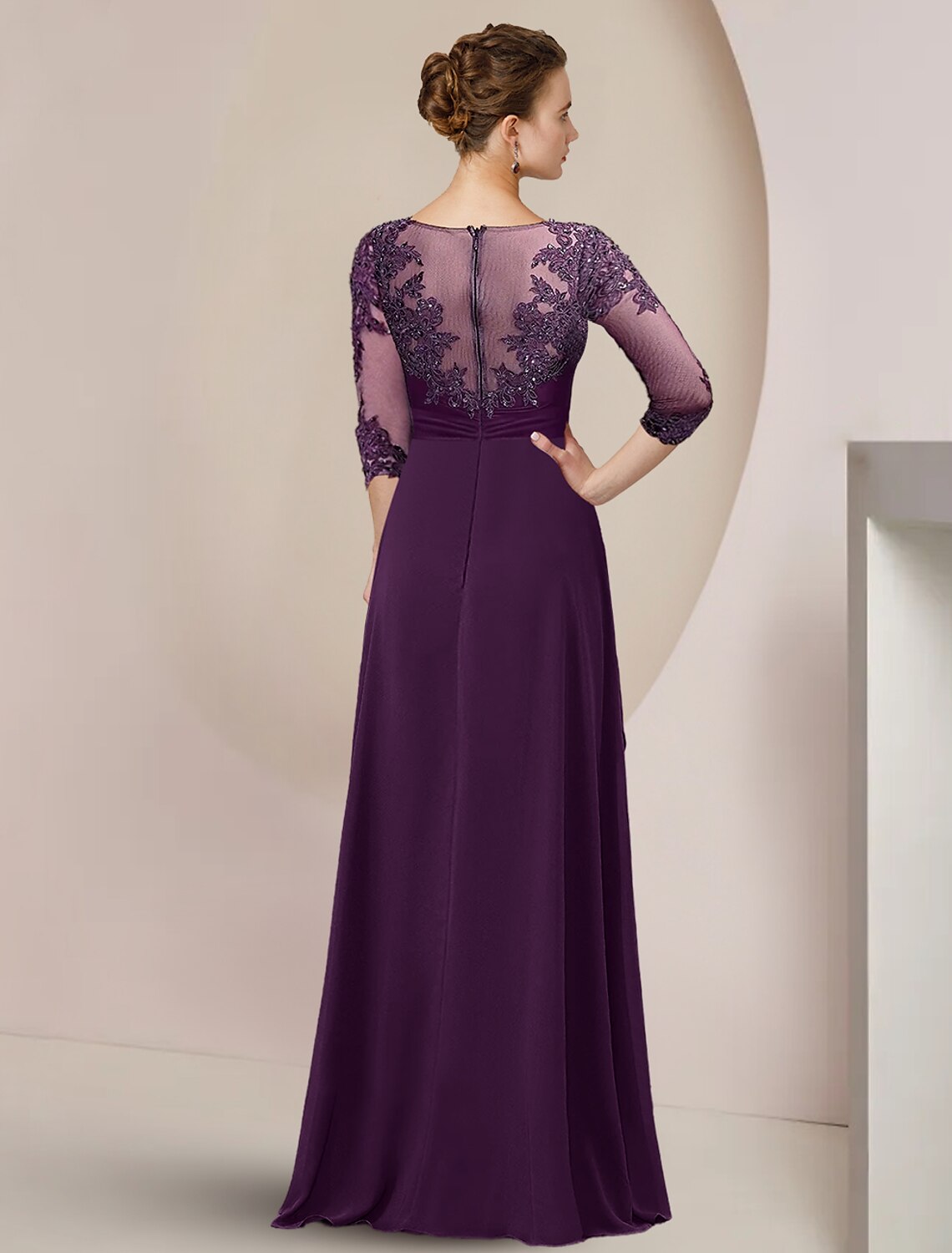 Mother of the Bride Dress Formal Wedding Guest Elegant High Low Scoop Neck Asymmetrical Floor Length 3/4 Length Sleeve with Beading Appliques