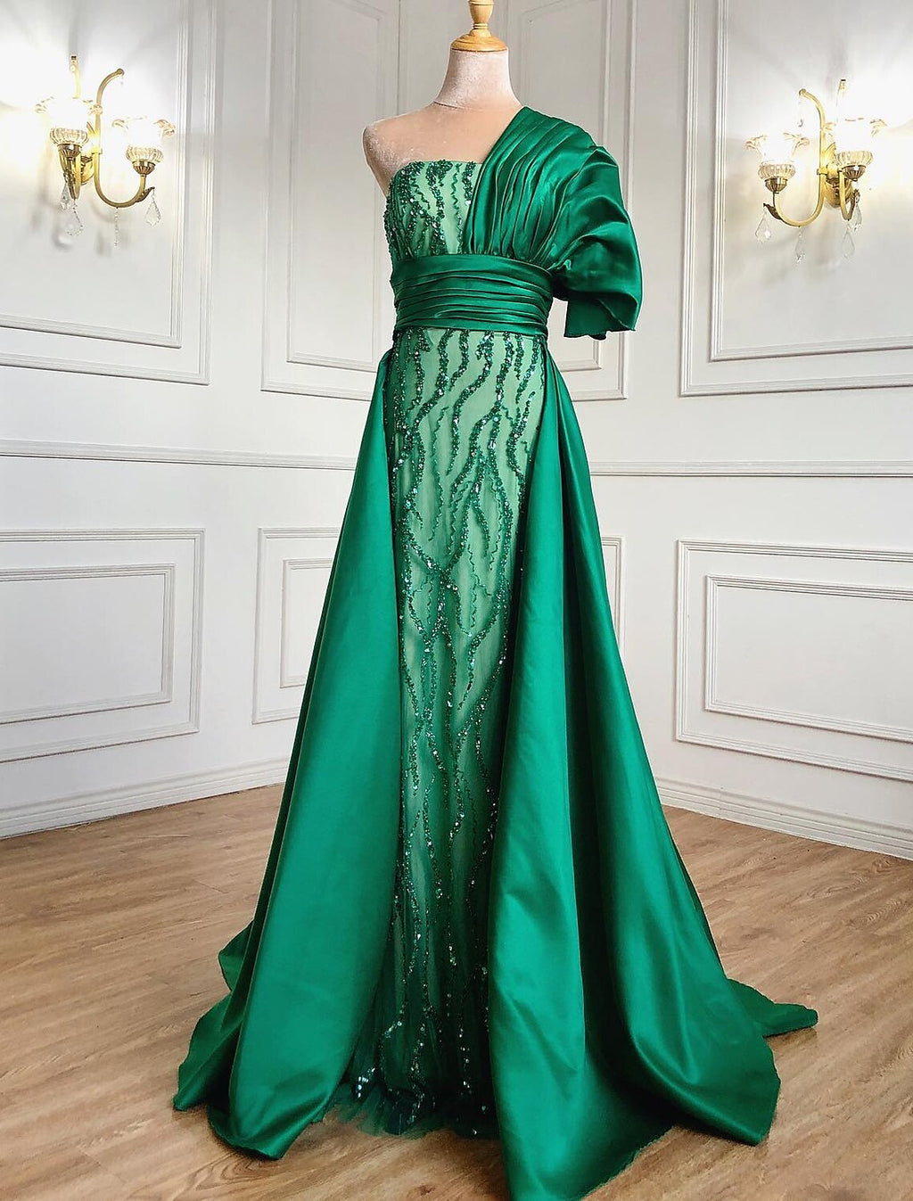 Evening Gown Luxurious Dress Formal Short Sleeve One Shoulder Charmeuse with Ruched Crystals