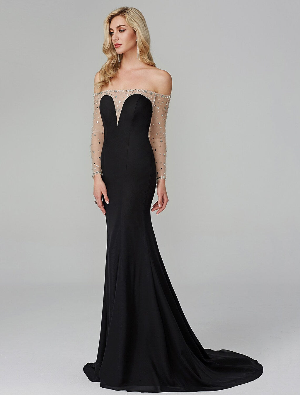 Floor Length Long Sleeve Off Shoulder Beading