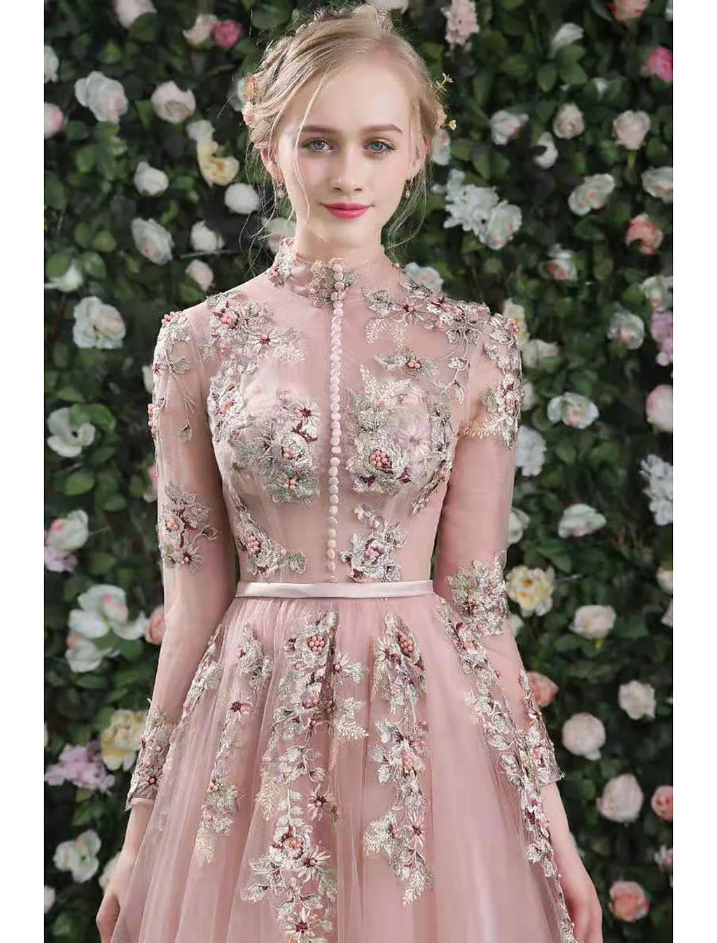 Prom Evening Dress High Neck Long Sleeve Floor Length Embroider