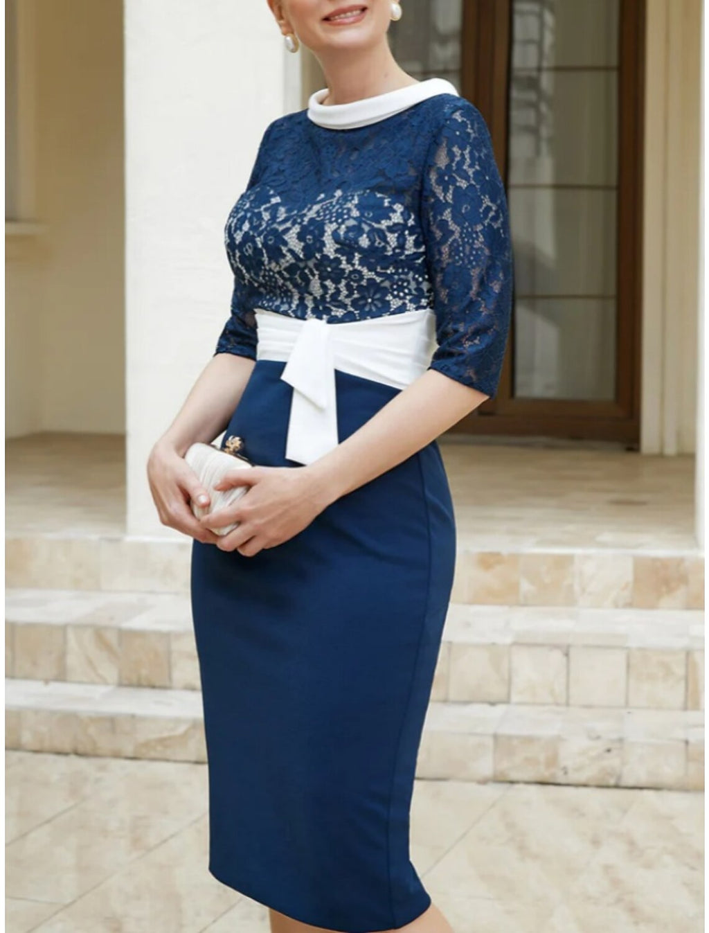 Mother of the Bride Dress Wedding Guest Elegant Petite Scoop Neck Knee Length Half Sleeve with Bow(s)