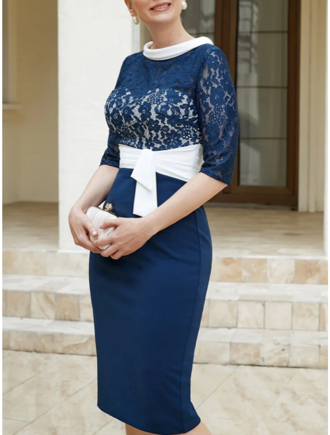Mother of the Bride Dress Wedding Guest Elegant Petite Scoop Neck Knee Length Half Sleeve with Bow(s)