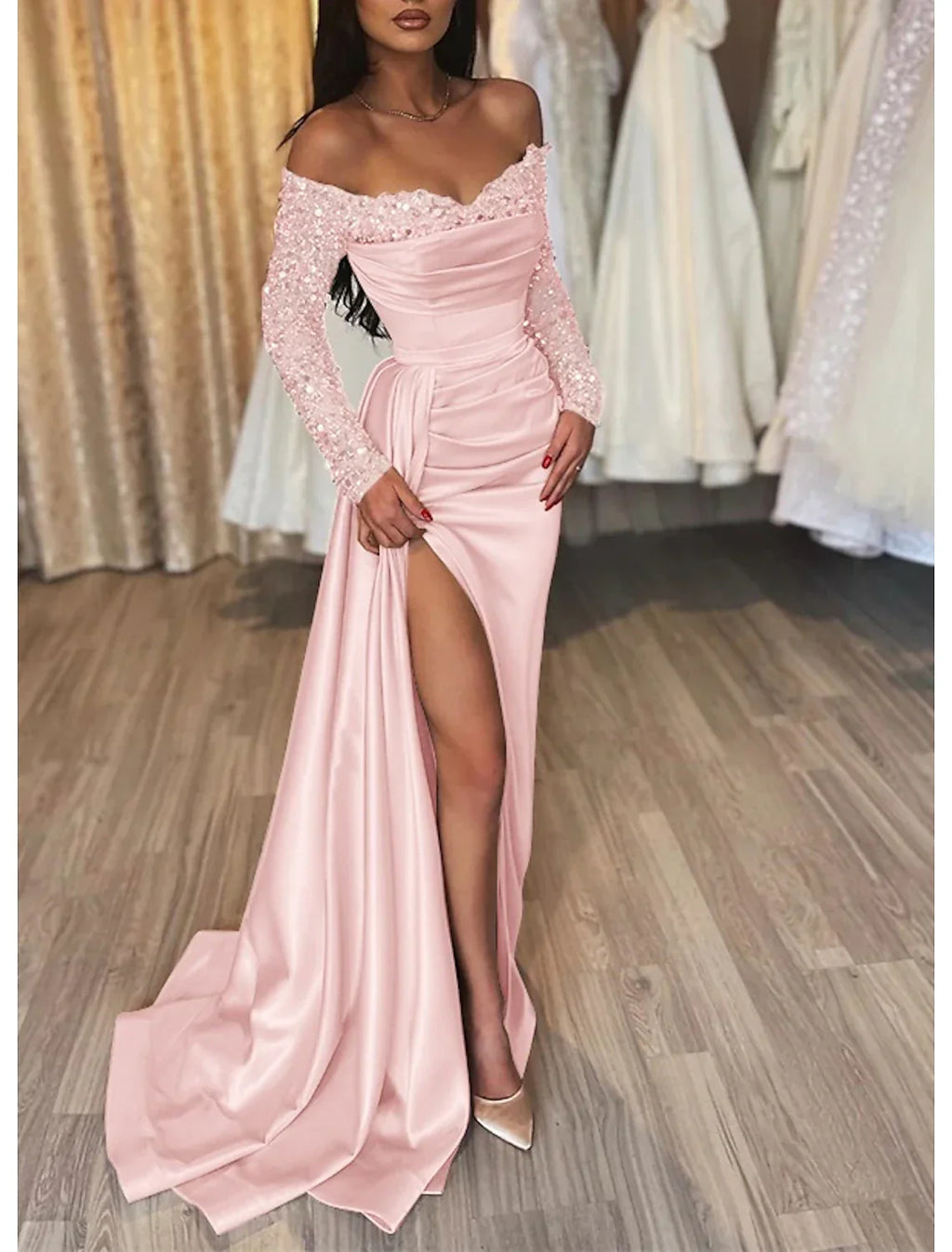 Black Mermaid Dress Evening Gown Ruched Dress Formal Sparkle Wedding Party Court Train Long Sleeve Off Shoulder Fall Wedding Reception with Slit