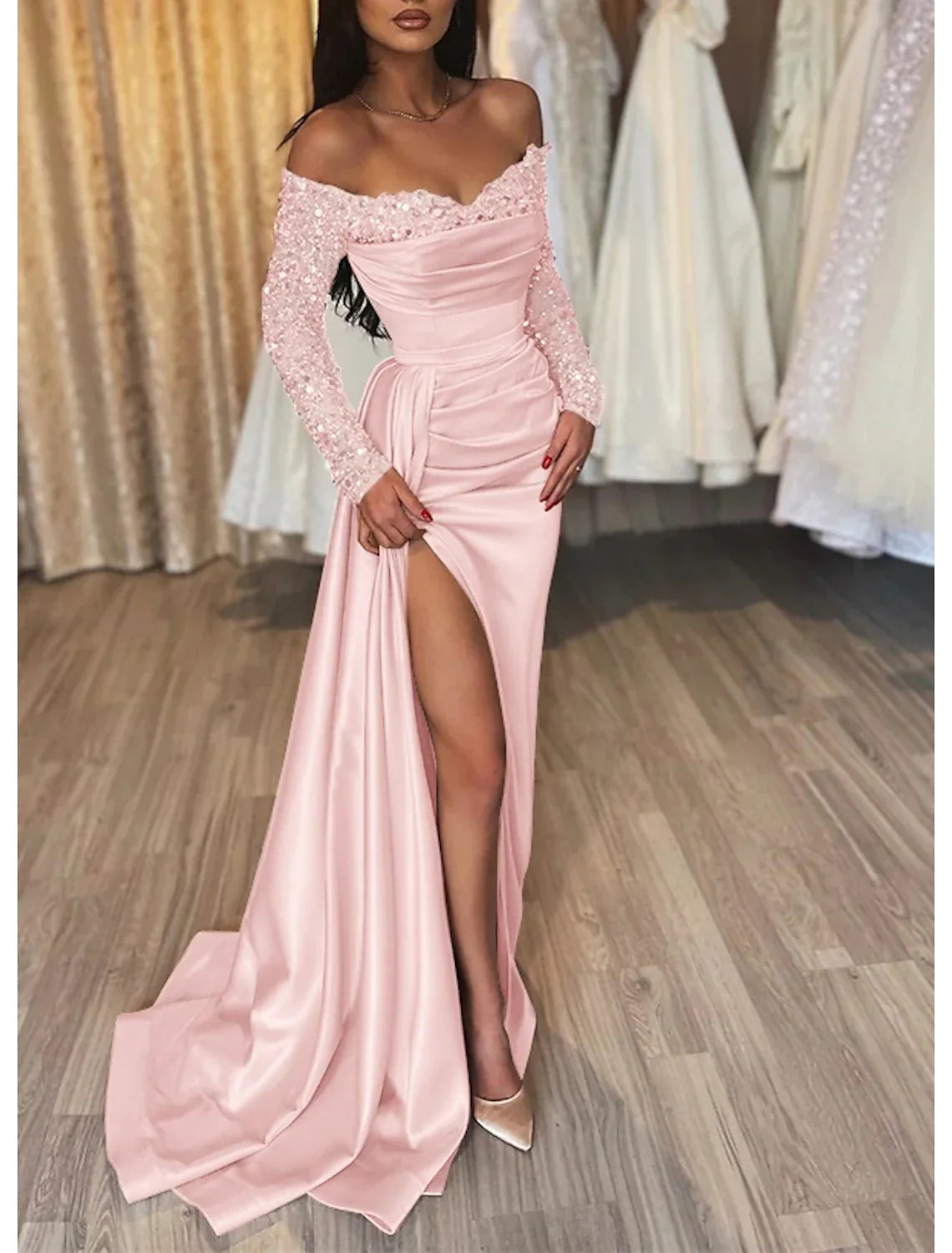 Black Mermaid Dress Evening Gown Ruched Dress Formal Sparkle Wedding Party Court Train Long Sleeve Off Shoulder Fall Wedding Reception with Slit