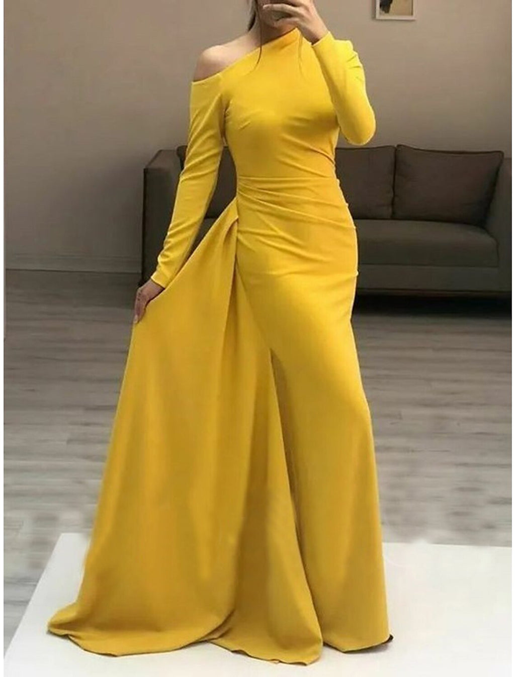 Sheath / Column Evening Gown Elegant Dress Formal Evening Floor Length Long Sleeve One Shoulder Fall Wedding Guest Fabric with Sleek Ruched