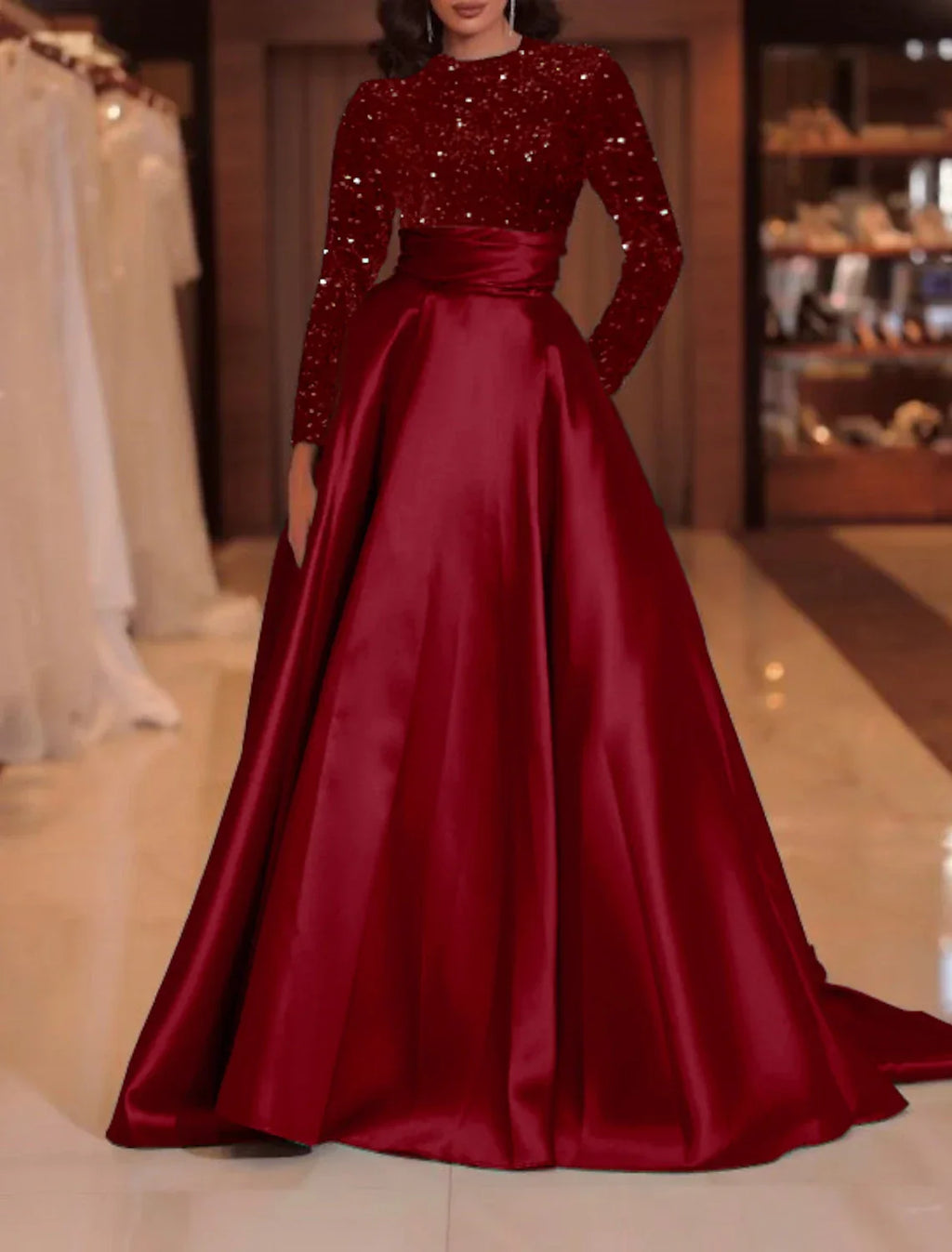 Green Evening Gown Sparkle Christmas Red Dress Formal Cocktail Party Court Train Long Sleeve High Neck Fall Wedding Guest