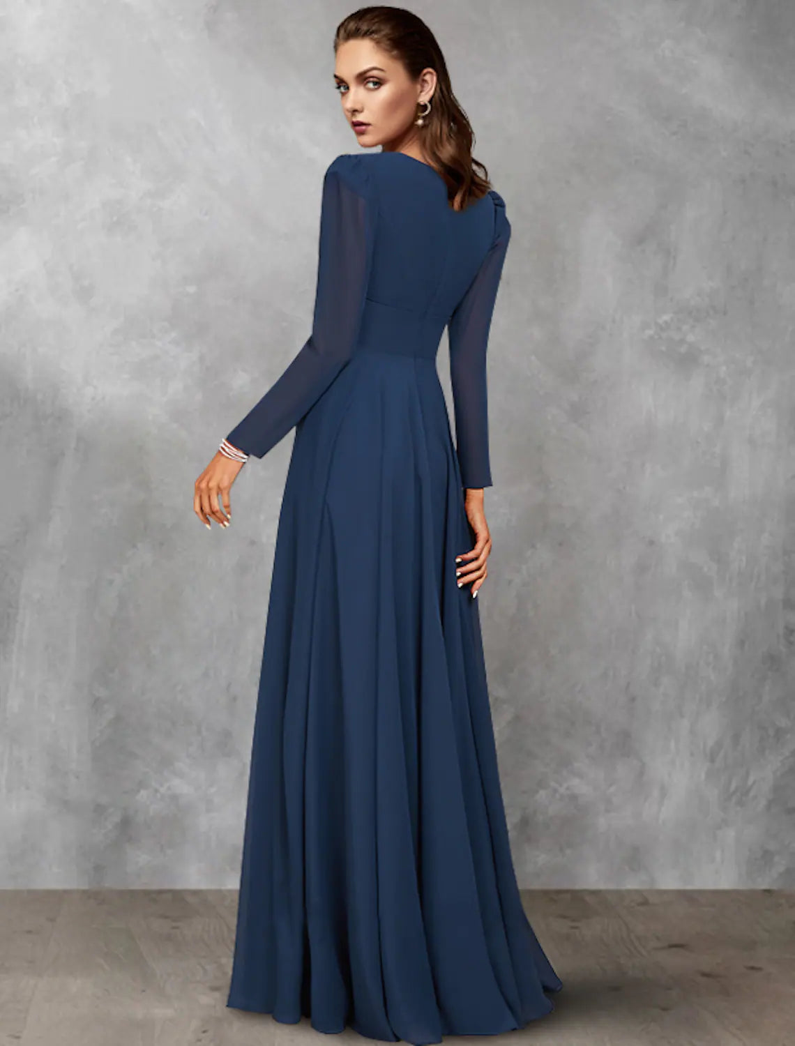 Mother of the Bride Dress Vintage Elegant V Neck Floor Length Long Sleeve with Ruffles Ruching