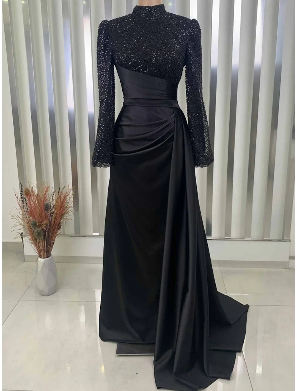 Evening Gown Champagne Christmas Elegant Dress Formal Sweep / Brush Train Long Sleeve High Neck with Glitter Pleats Ruched