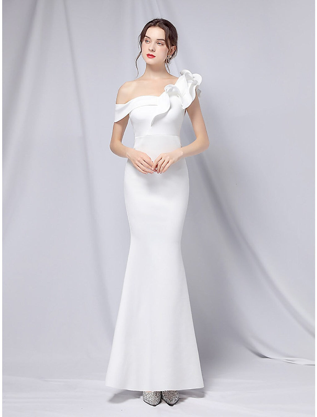 Evening Gown Dress Wedding Guest Floor Length Short Sleeve One Shoulder with Ruffles