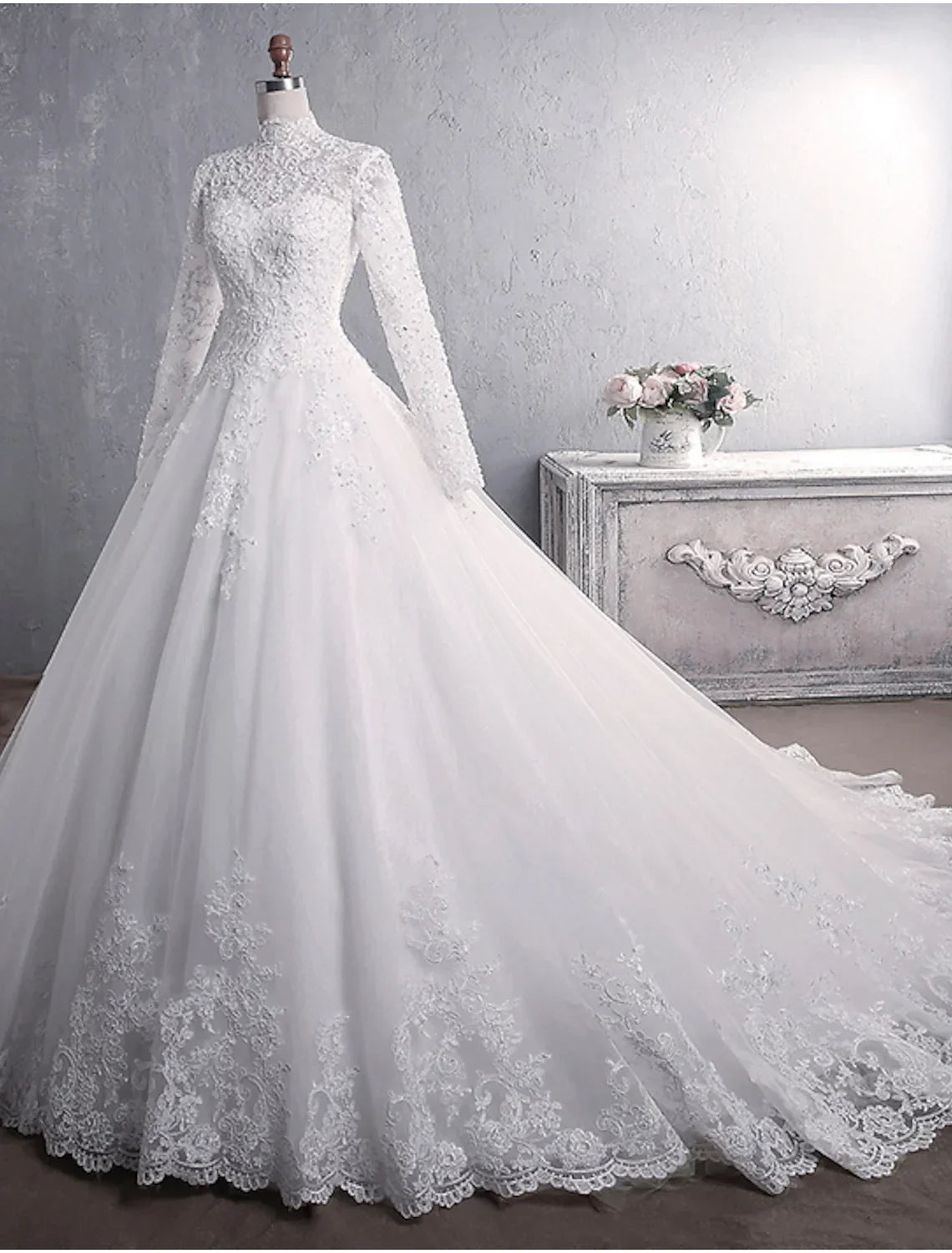 Engagement Formal Wedding Dresses Princess Long Sleeve High Neck Appliques