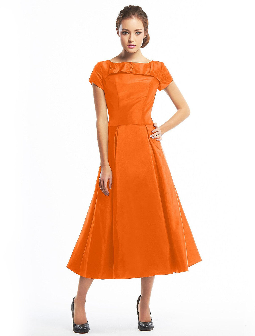 Vintage Dress Homecoming Short Sleeve Boat Neck Taffeta Buttons