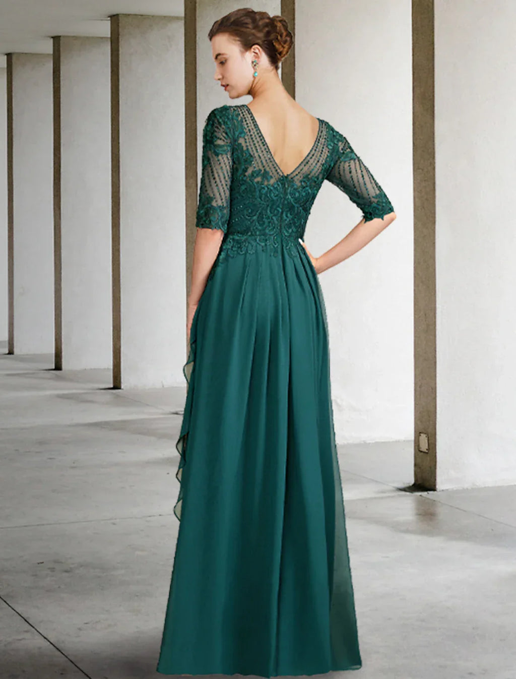 Mother of the Bride Dress Luxurious Elegant Jewel Neck Floor Length Half Sleeve with Pleats Beading Appliques