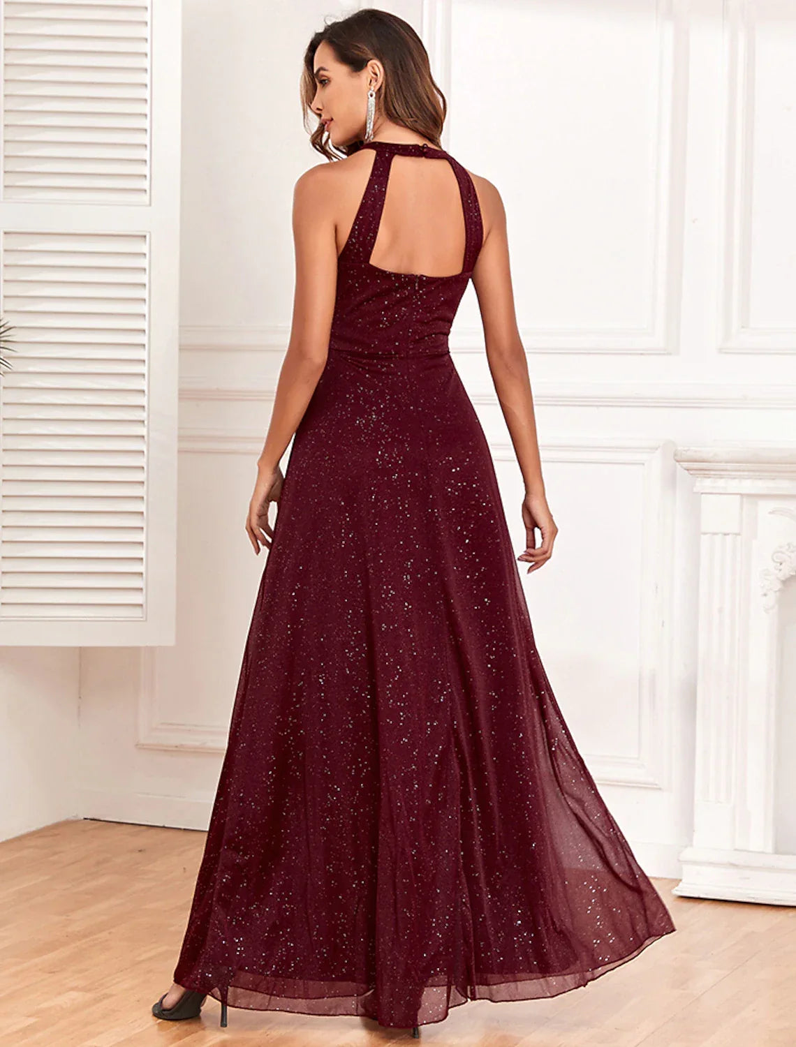 Evening Gown Empire Dress Evening Party Dress Wedding Reception Floor Length Sleeveless Halter Neck Backless V Back with Glitter