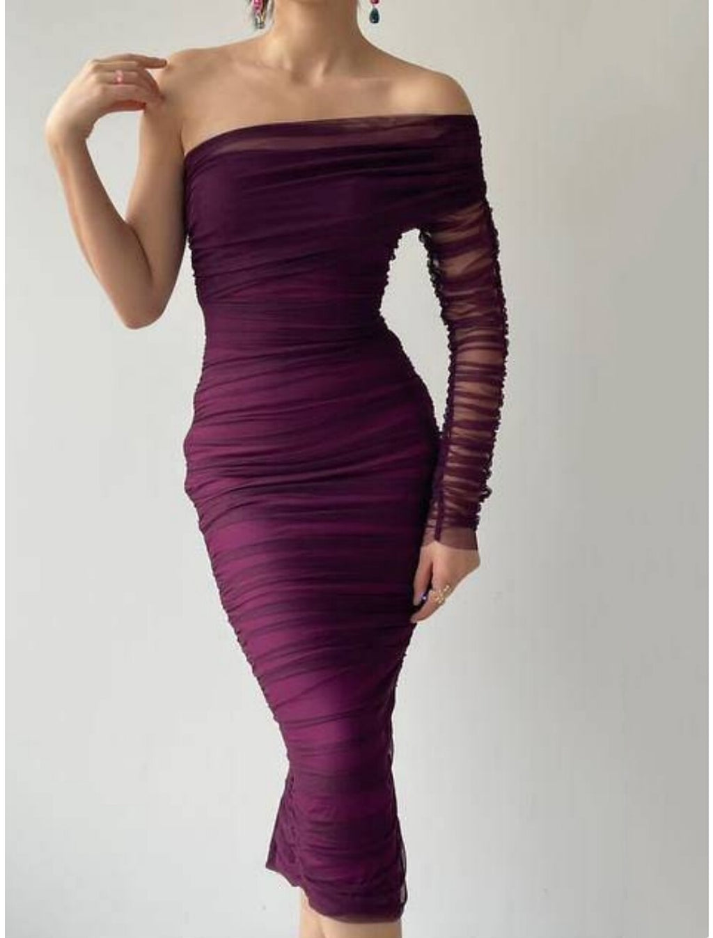 Sheath / Column Evening Gown Sexy Dress Formal Knee Length Long Sleeve One Shoulder with Ruched Slit