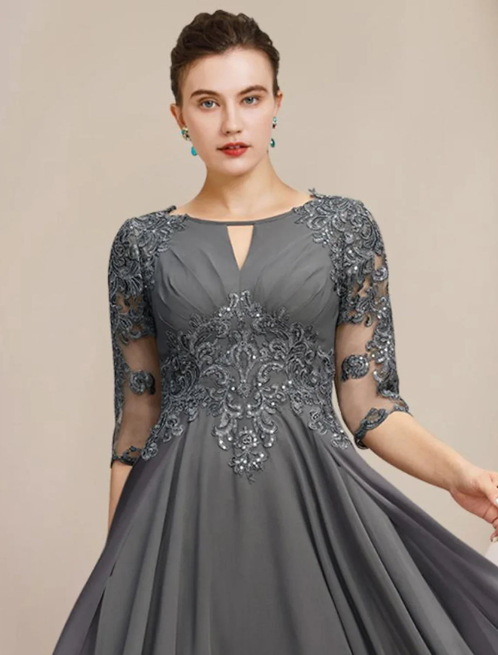 Mother of the Bride Dress Formal Wedding Guest Elegant High Low Scoop Neck Tea Length Half Sleeve with Appliques