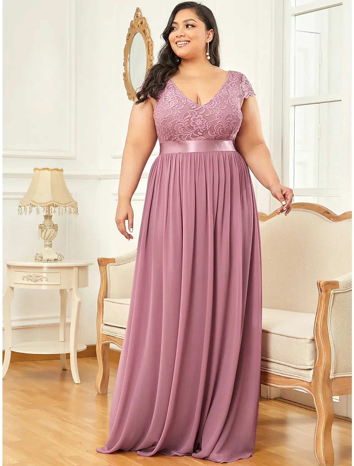 Elegant Red A-Line V-Neck Short-Sleeve Classic-Back Floor-Length Evening Dress