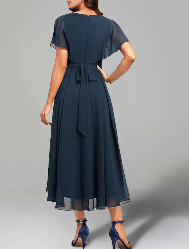 Navy Blue V-Neck Flutter-Sleeve Chiffon High-Low Prom Dress