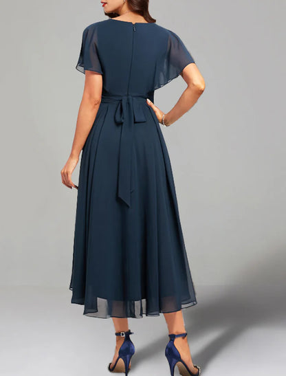 Luxurious Navy-Blue Classic V-Neck Classic-Sleeve Classic-Back Midi-Length Prom Dress