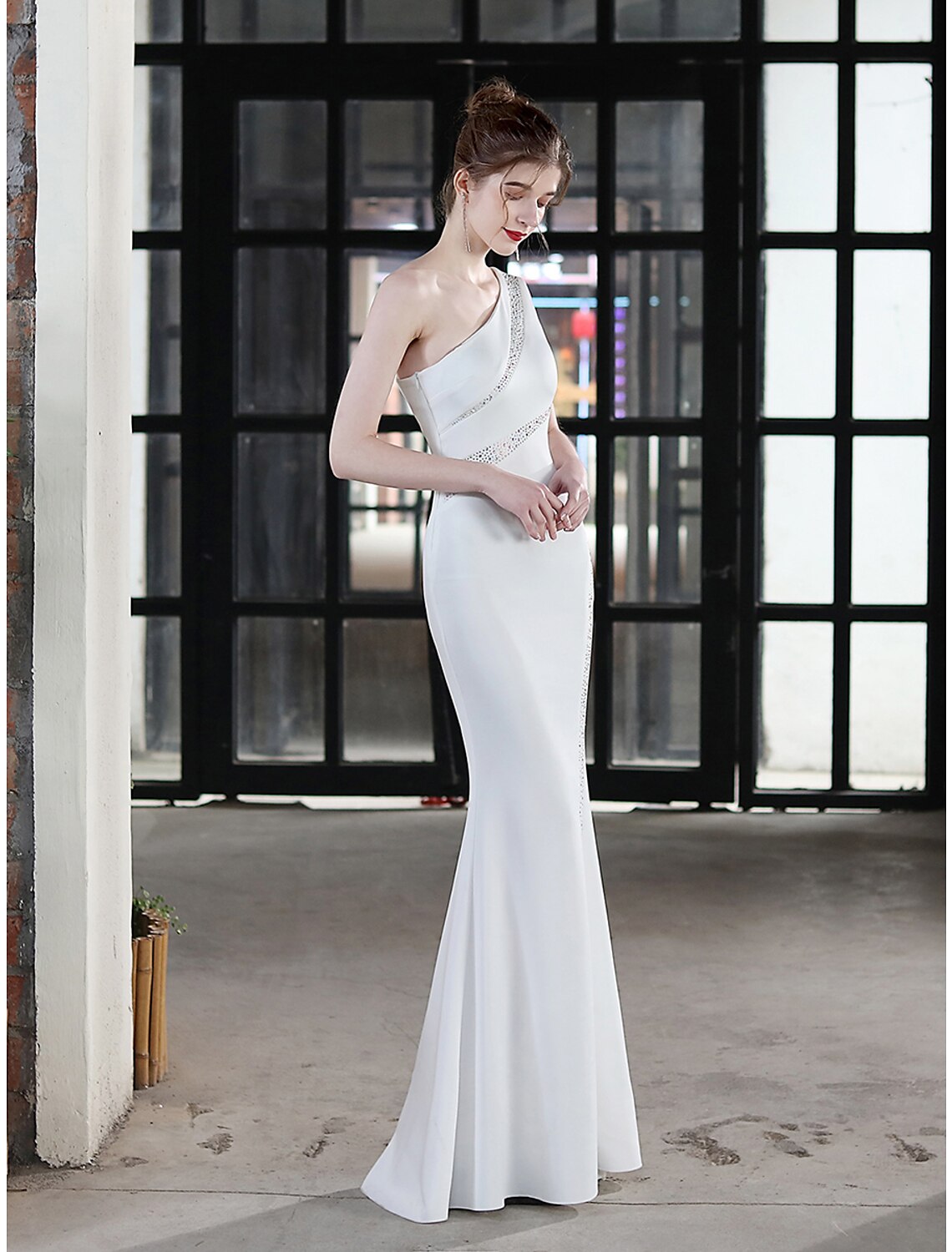 Evening Gown Sexy Dress Wedding Guest Floor Length Sleeveless One Shoulder with Crystals