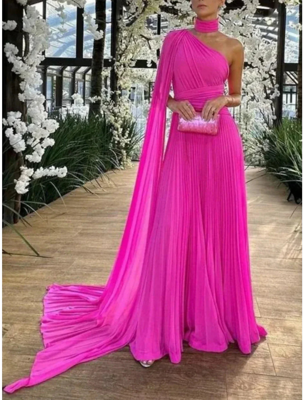 Evening Gown Elegant Dress Formal Sweep / Brush Train Sleeveless One Shoulder with Pleats Ruched