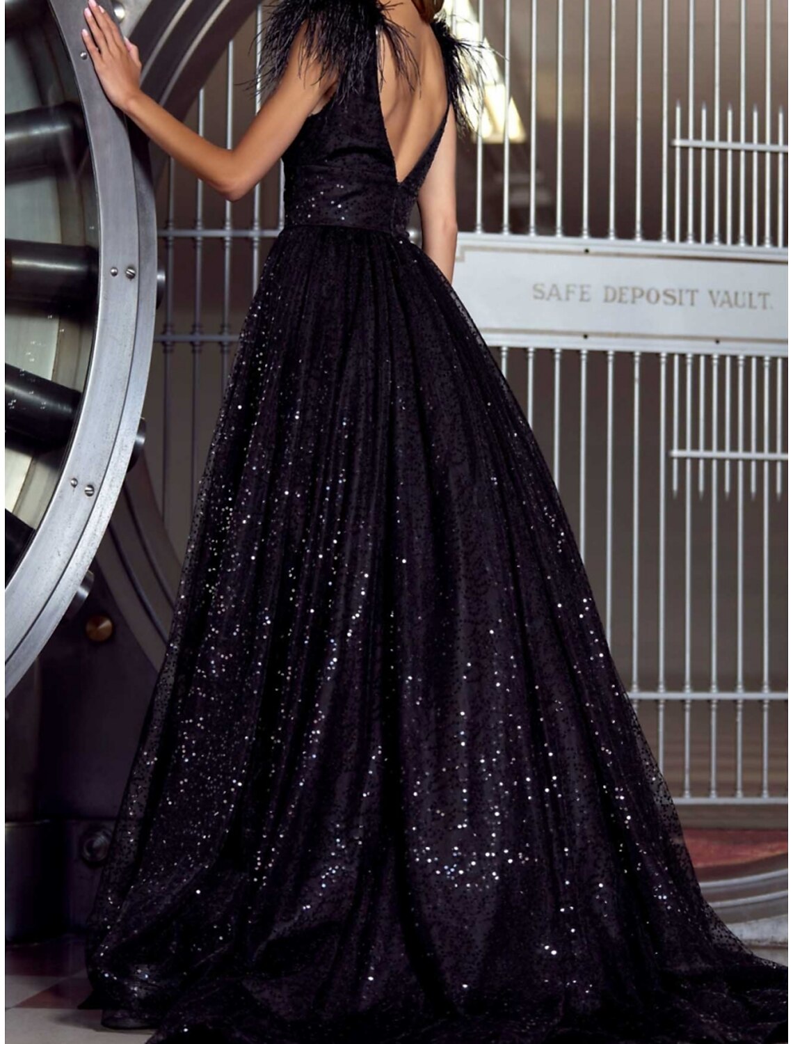 Black Evening Gown Sparkly Dress Plus Size Formal Sweep / Brush Train Short Sleeve V Neck with Feather