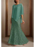 Two Piece Mermaid / Trumpet Mother of the Bride Dress Formal Wedding Guest Elegant Jewel Neck Floor Length 3/4 Length Sleeve Wrap Included with Beading