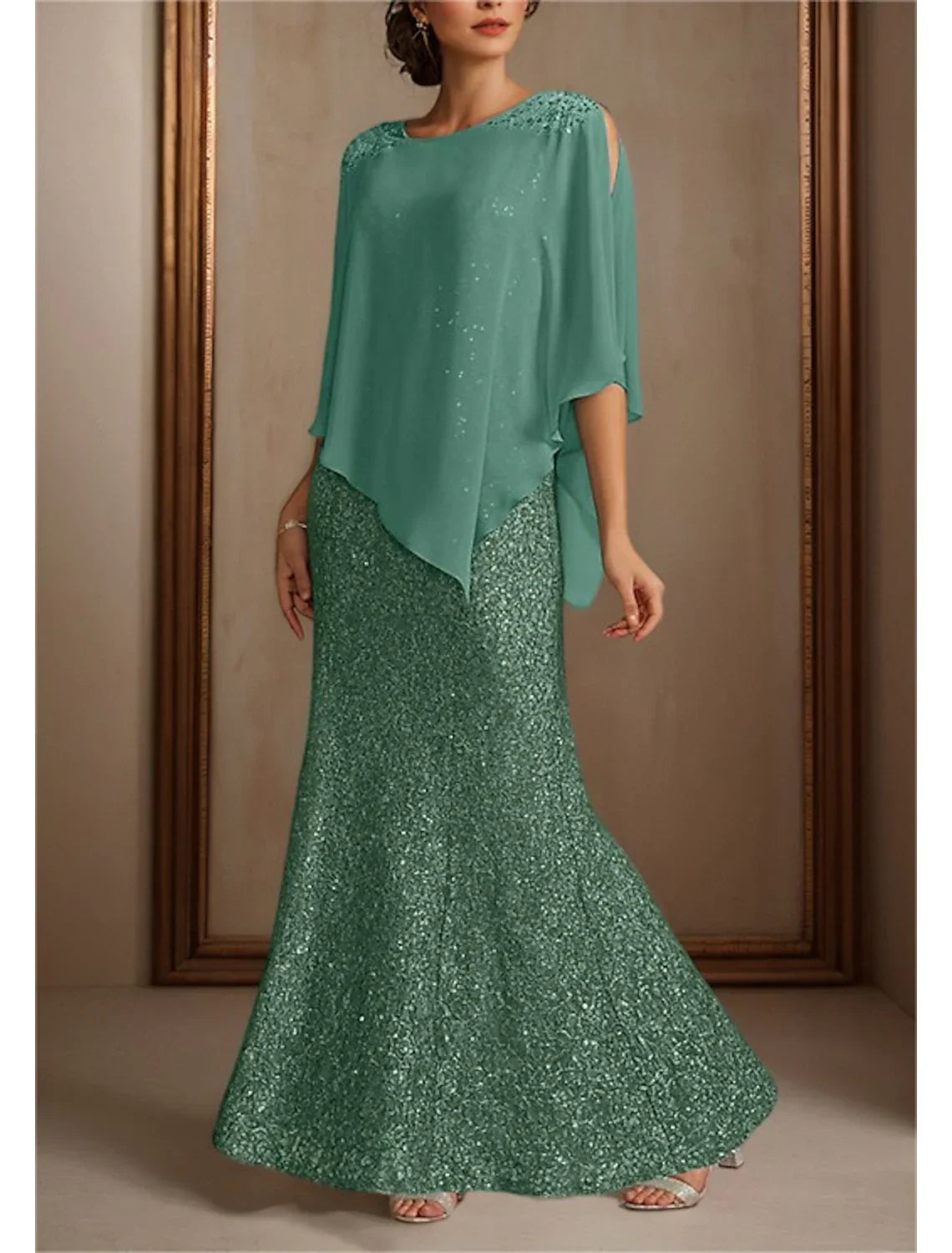 Two Piece Mermaid / Trumpet Mother of the Bride Dress Formal Wedding Guest Elegant Jewel Neck Floor Length 3/4 Length Sleeve Wrap Included with Beading