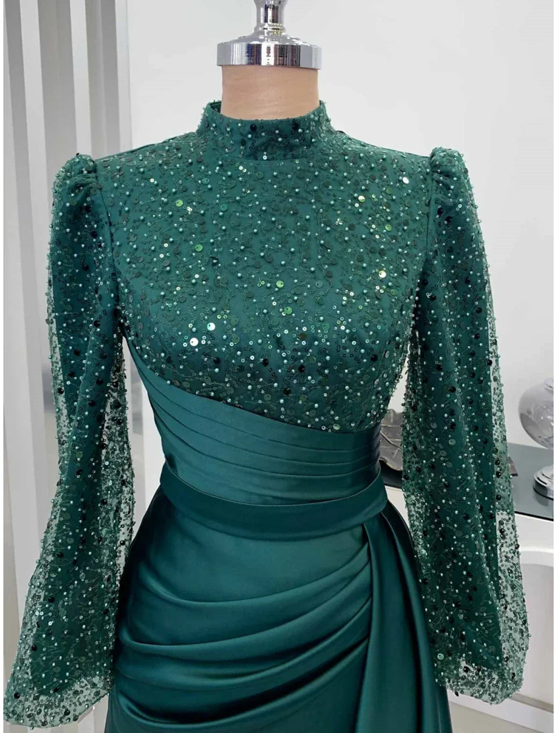 Evening Gown Champagne Christmas Elegant Dress Formal Sweep / Brush Train Long Sleeve High Neck with Glitter Pleats Ruched