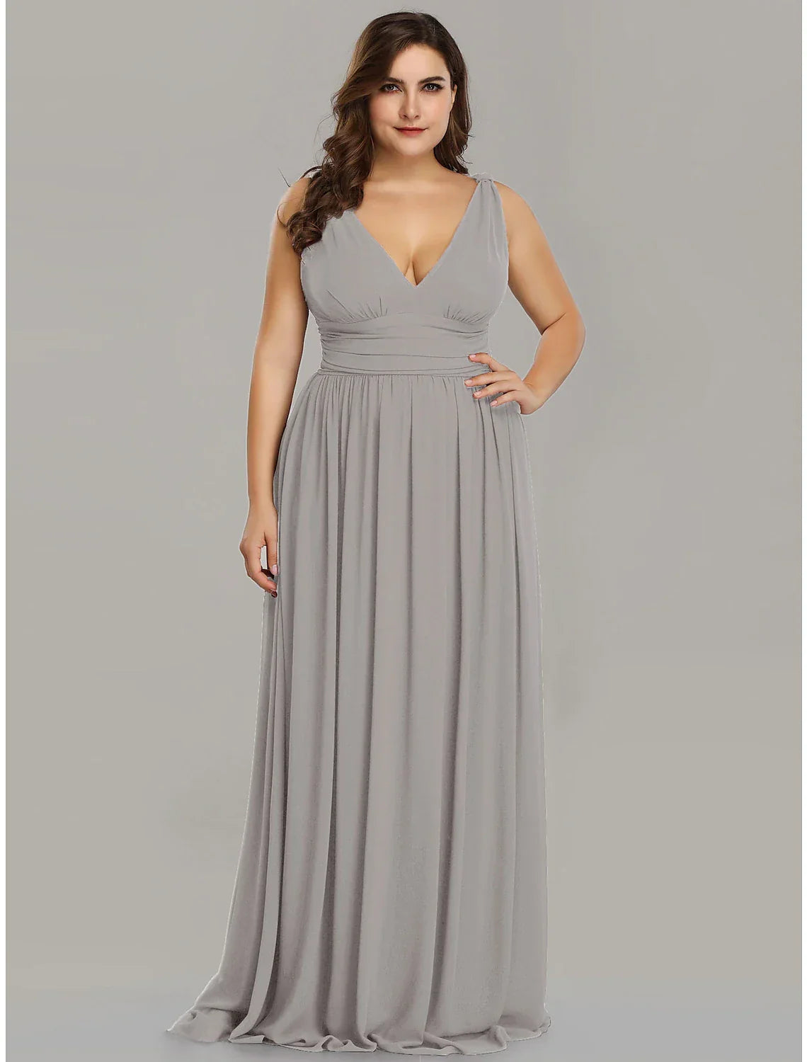 Plus Size Wedding Formal Evening Dress V Neck V Back Sleeveless Floor Length with Pleats