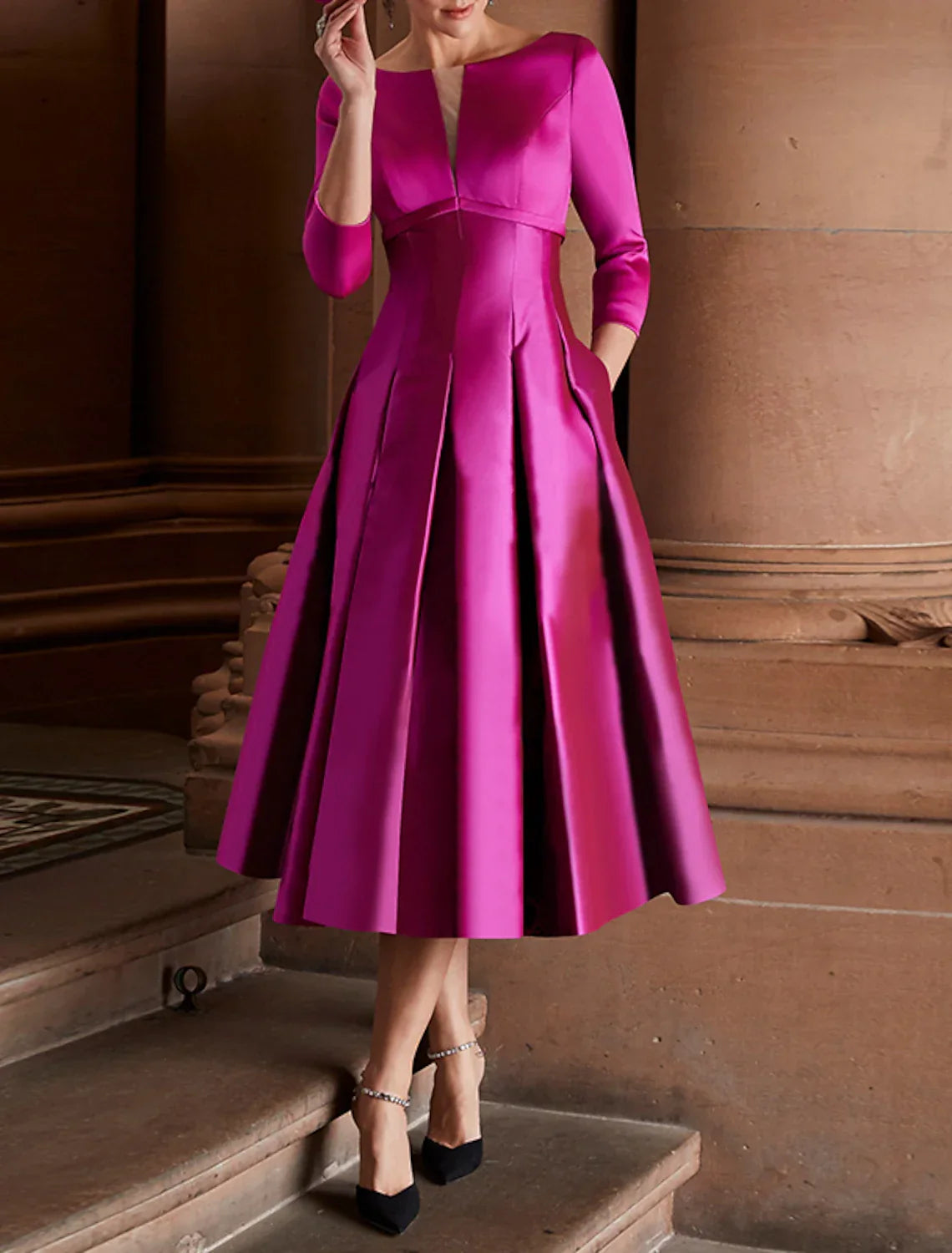 Green Cocktail Dresses Minimalist Dress Christmas Red Dress Wedding Guest Tea Length 3/4 Length Sleeve Jewel Neck Fall Wedding Guest with Pleats