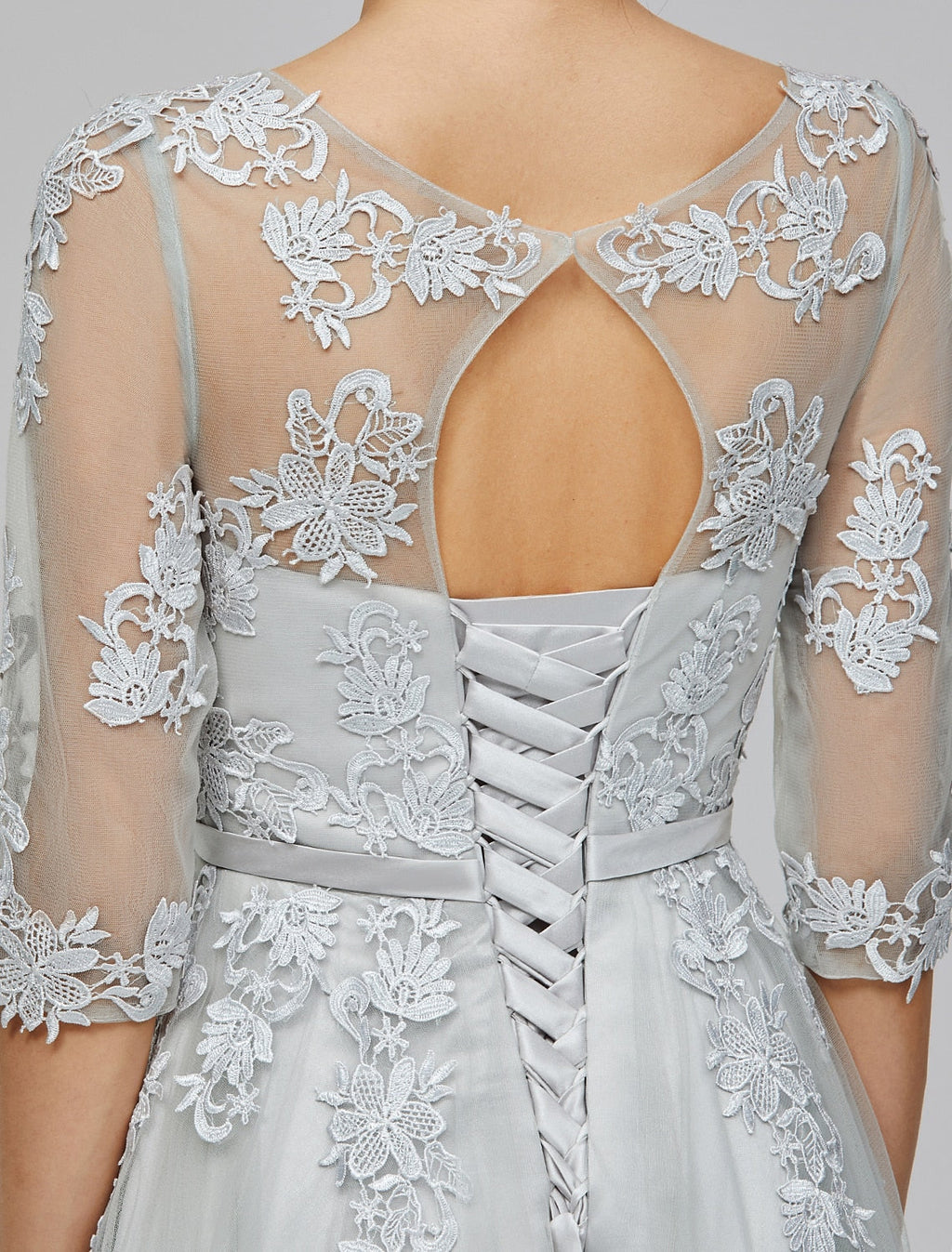 Empire Dress Wedding Guest Prom Floor Length Half Sleeve Illusion Neck with Bow(s) Appliques