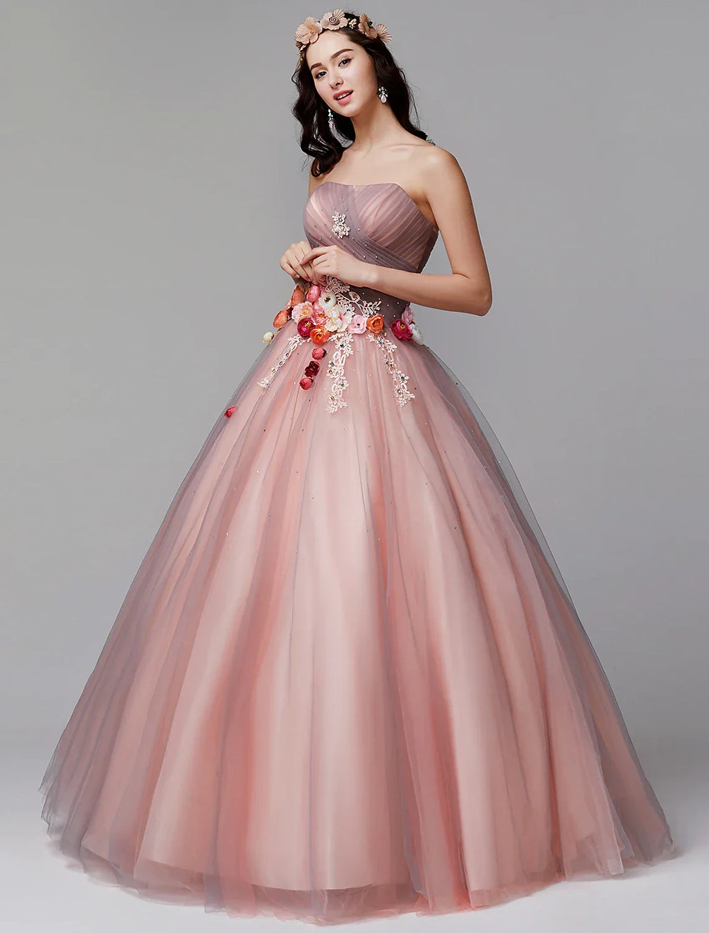 Ball Gown Evening Dress Strapless Sleeveless Floor Length Pleats Flower