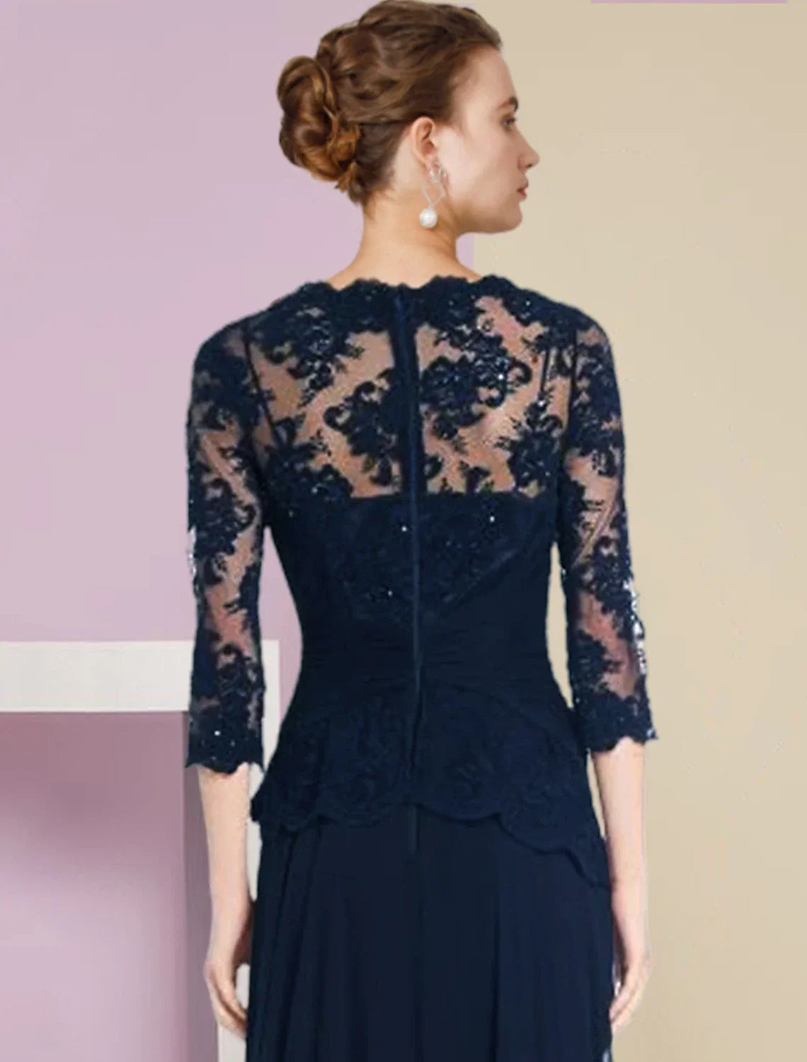 Mother of the Bride Dress Formal Wedding Guest Elegant Scoop Neck Floor Length Half Sleeve with Pleats Appliques Crystal Brooch