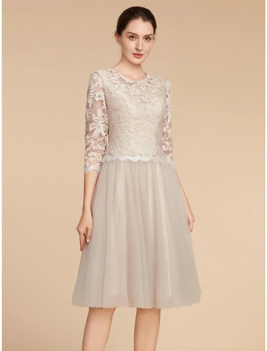 Mother of the Bride Dress Wedding Guest Elegant Petite Jewel Neck Knee Length Half Sleeve with Pleats Solid Color
