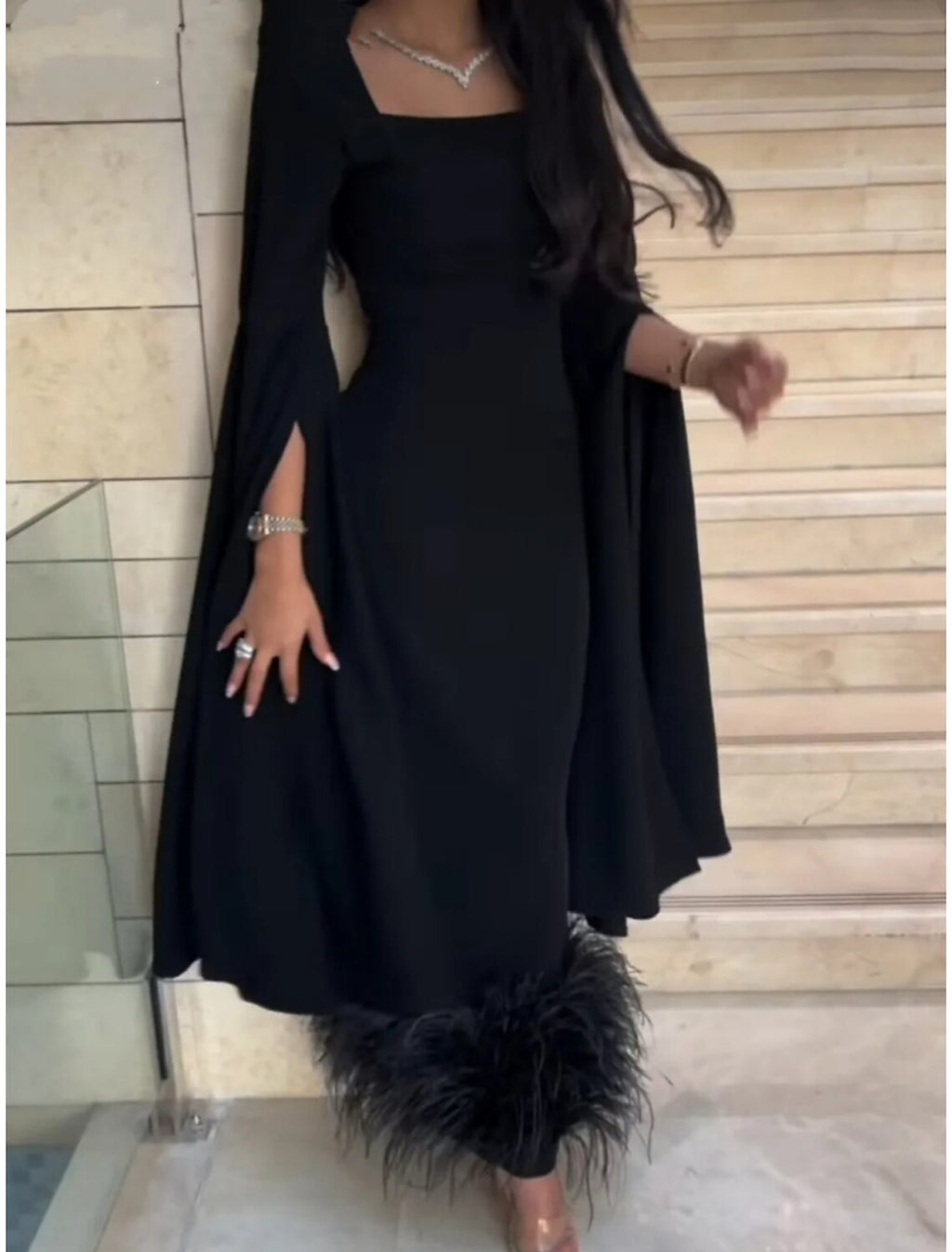 Black Sheath Dress Plus Size Evening Gown Elegant Dress Formal Ankle Length Long Sleeve Square Neck Fabric with Feather