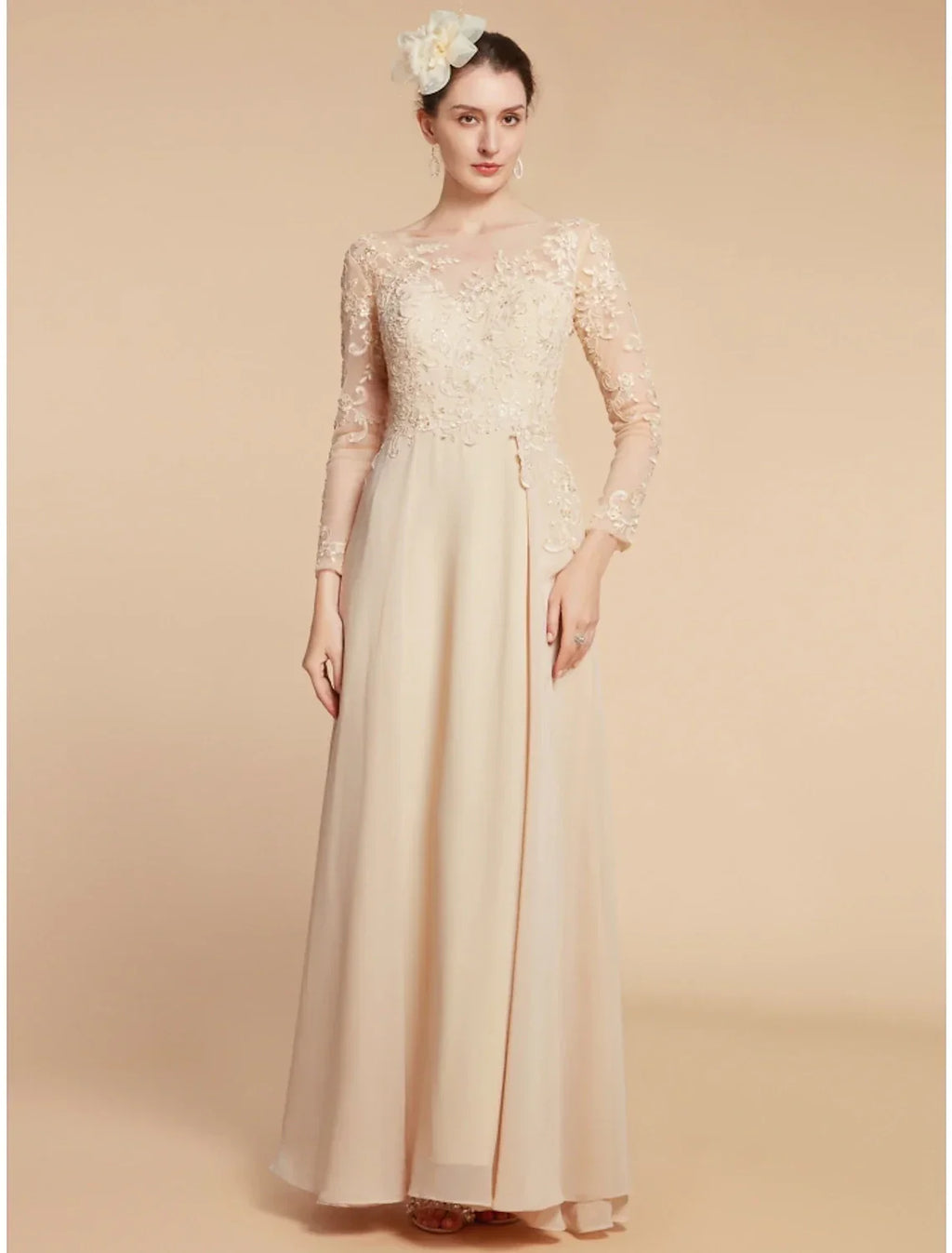 Mother of the Bride Dress Wedding Guest Elegant Jewel Neck Ankle Length Long Sleeve with Ruching Solid Color