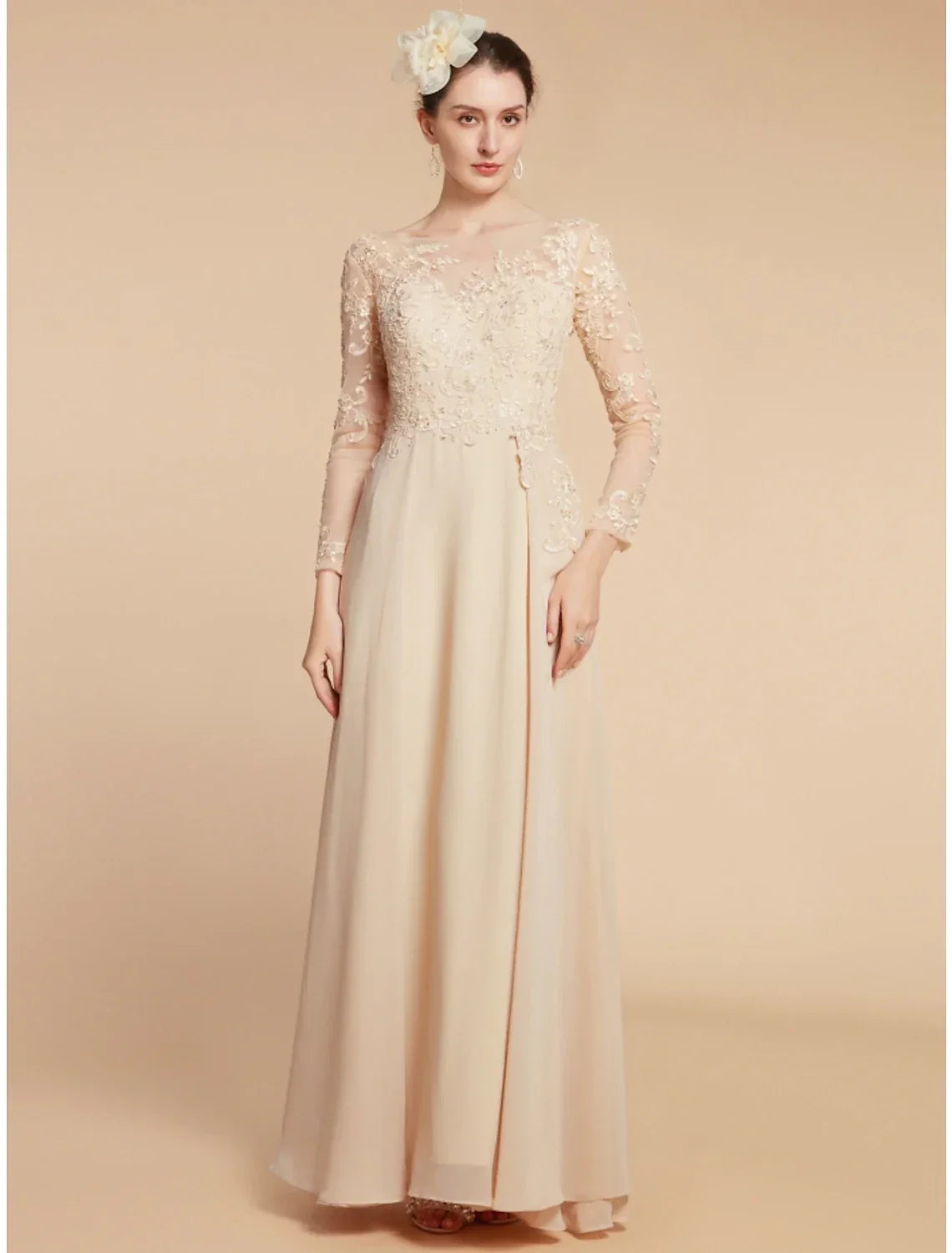 Mother of the Bride Dress Wedding Guest Elegant Jewel Neck Ankle Length Long Sleeve with Ruching Solid Color