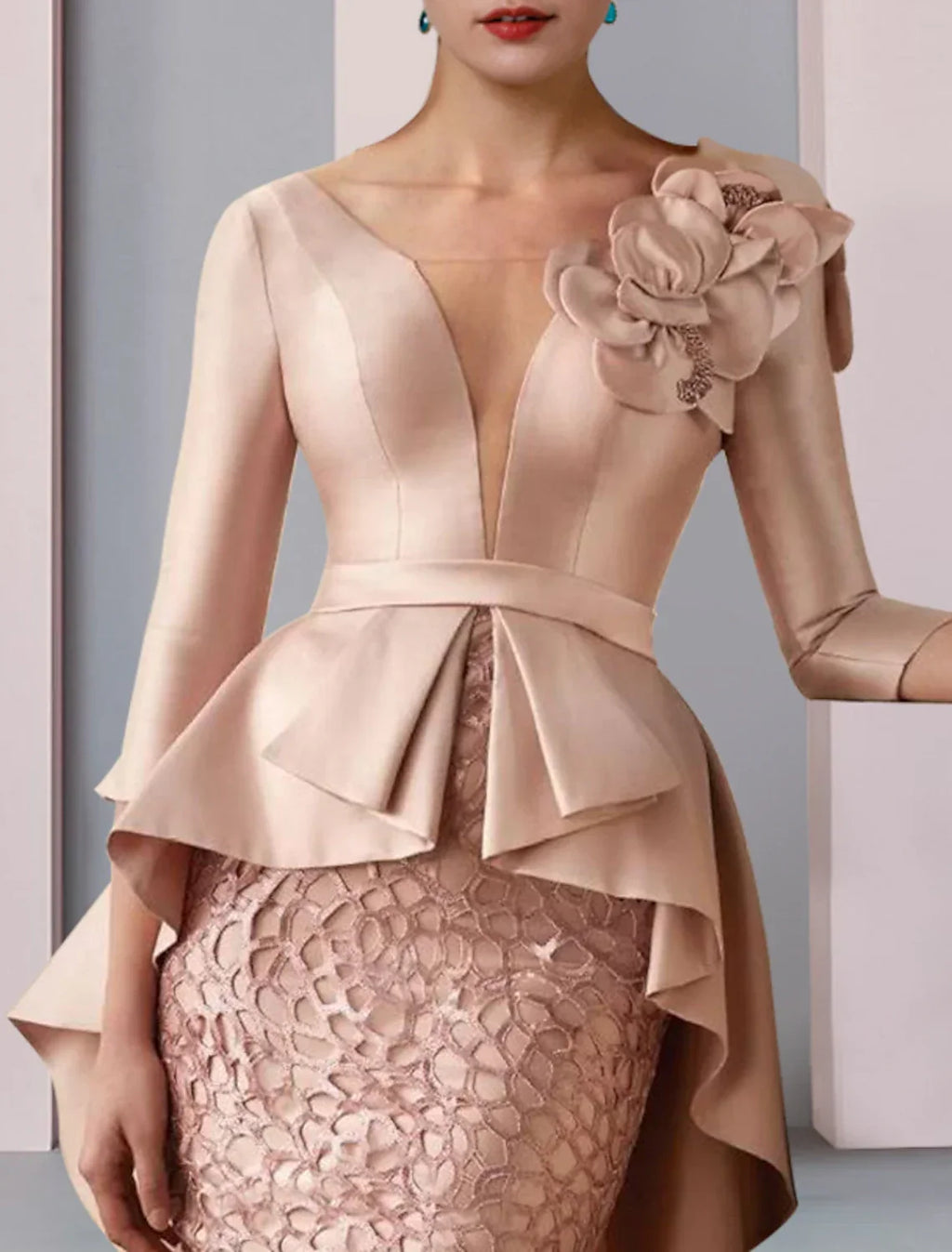 Sheath / Column Mother of the Bride Dress Fall Wedding Guest Party Elegant V Neck Floor Length 3/4 Length Sleeve with Appliques Cascading Ruffles Flower