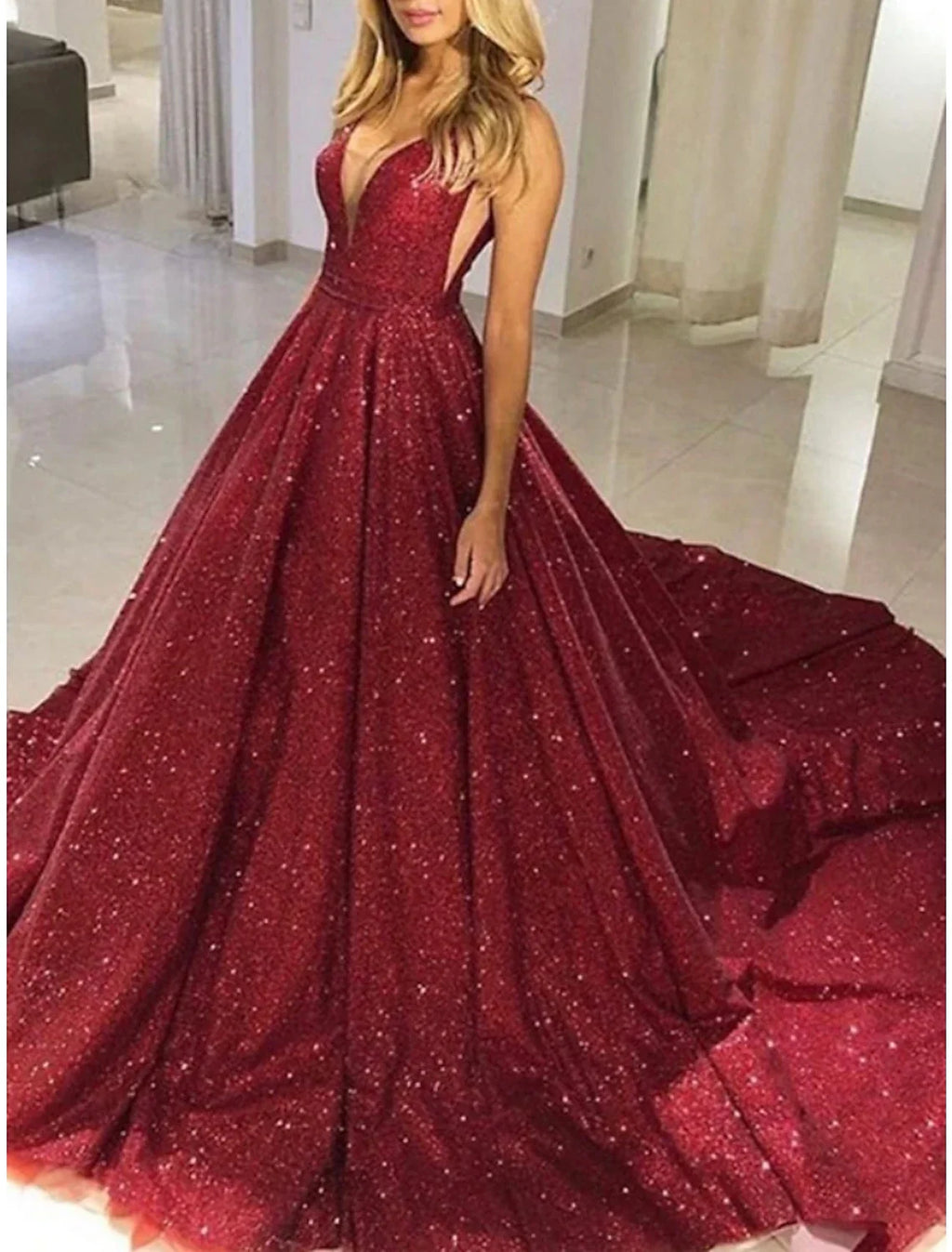 Green Formal Court Train Christmas Red Dress Sleeveless V Neck with Glitter Pleats