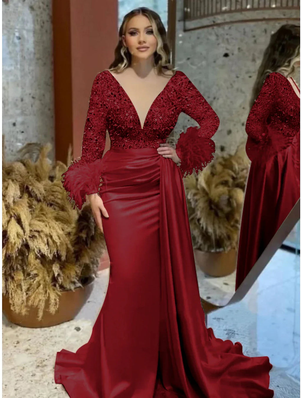 Mermaid / Trumpet Evening Gown Elegant Dress Formal Wedding Court Train Long Sleeve V Neck with Feather Glitter Ruched
