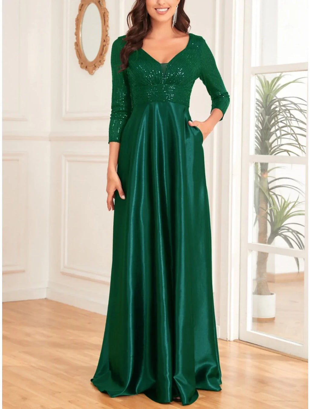 Mother of the Bride Dress Wedding Guest Elegant V Neck Floor Length 3/4 Length Sleeve with Ruching