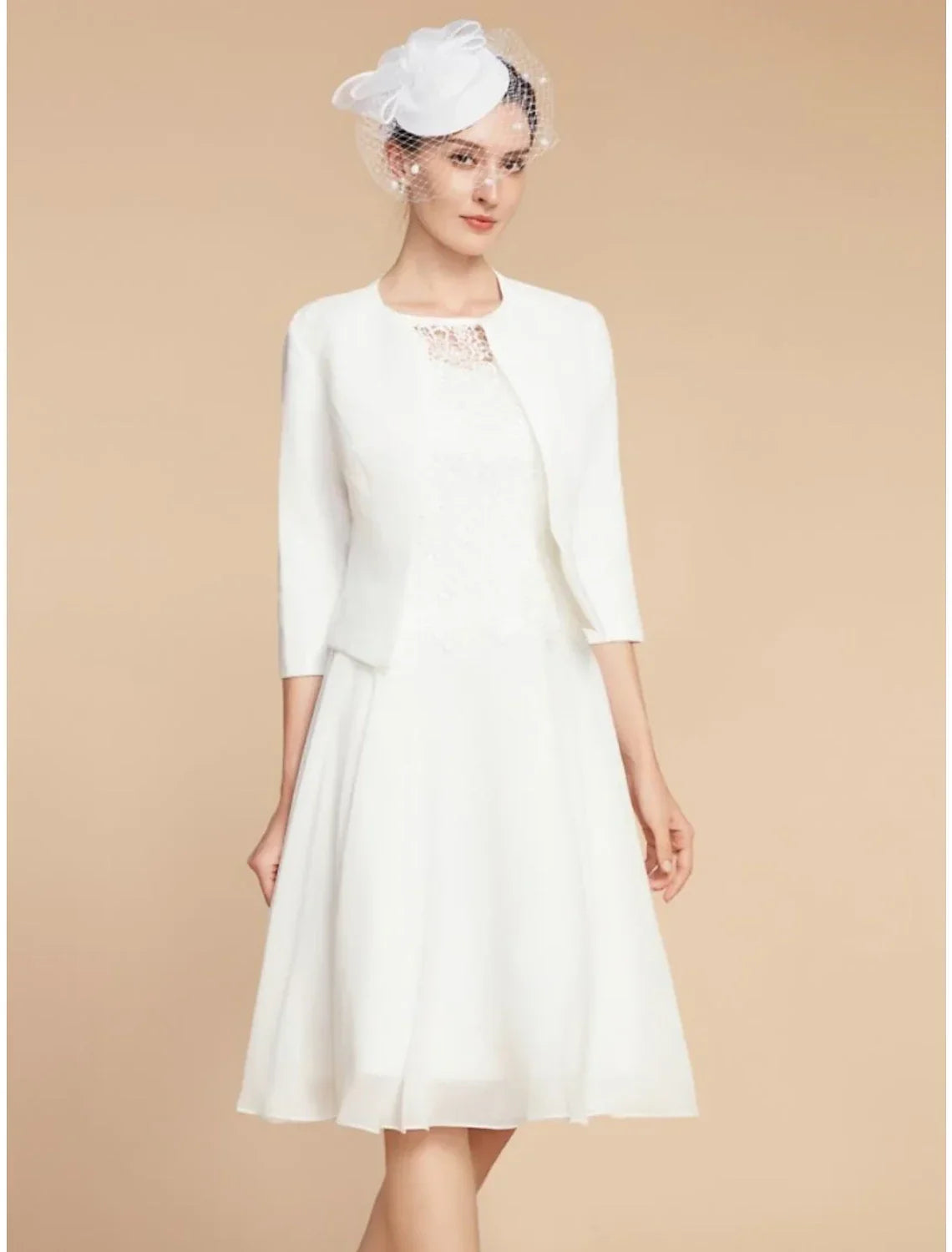 Two Piece A-Line Mother of the Bride Dress Wedding Guest Elegant Petite Jewel Neck Knee Length 3/4 Length Sleeve with Pleats Solid Color
