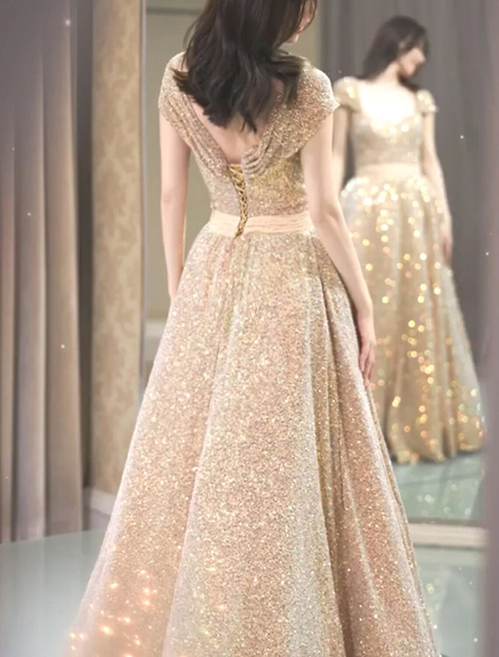 Sparkle & Shine Dress Wedding Guest Prom Floor Length Short Sleeve Strapless