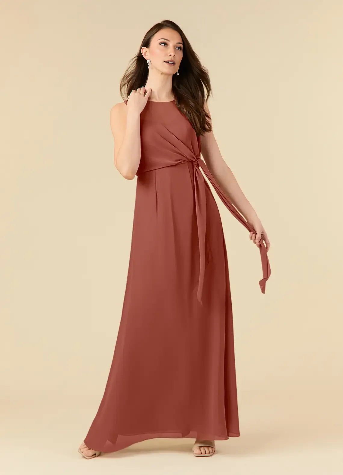 Auburn A-Line Scoop Pleated Mother of the Bride Dress with Sleeveless Design Wrap Around Tie Waist