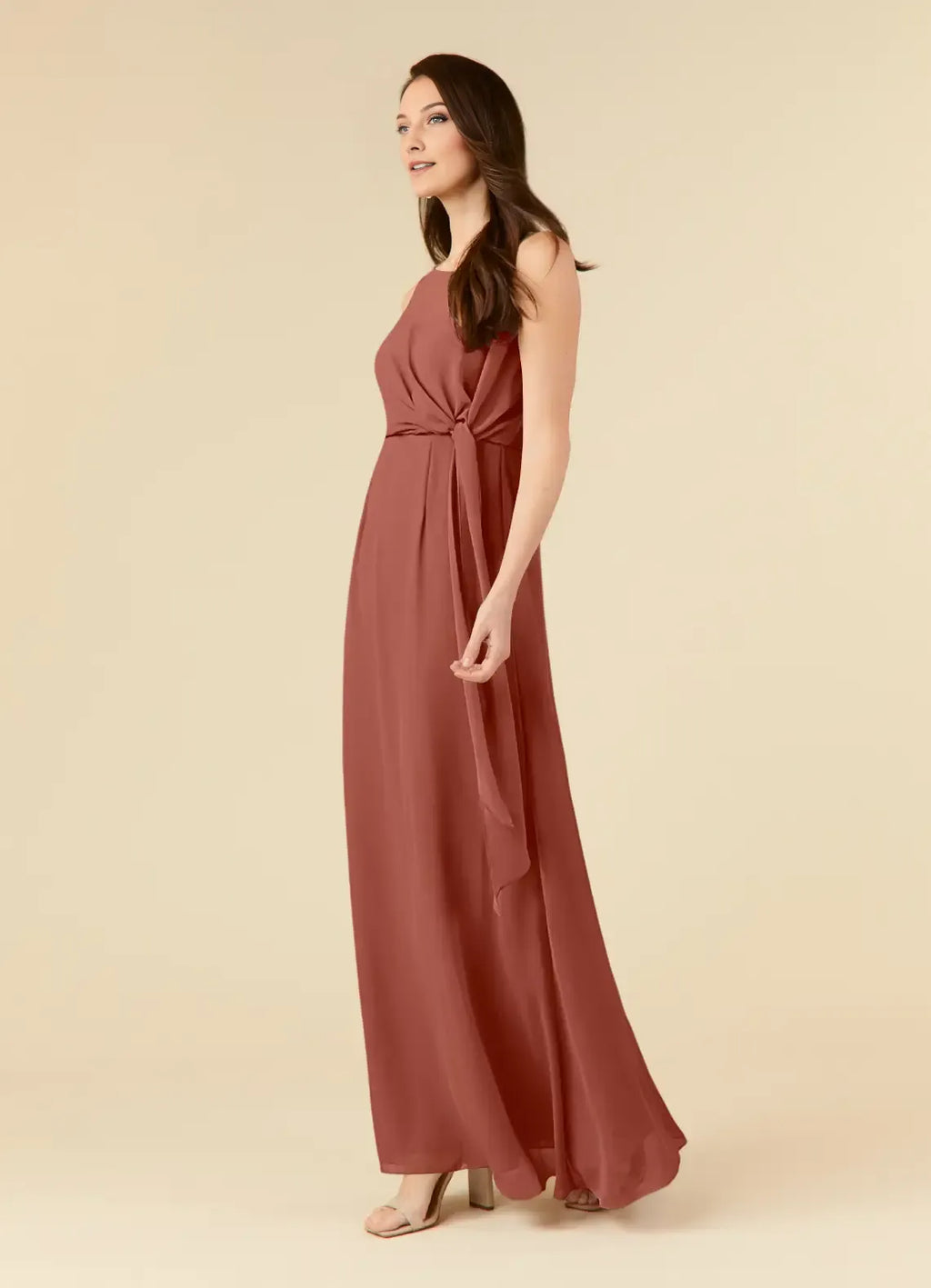 Auburn A-Line Scoop Pleated Mother of the Bride Dress with Sleeveless Design Wrap Around Tie Waist