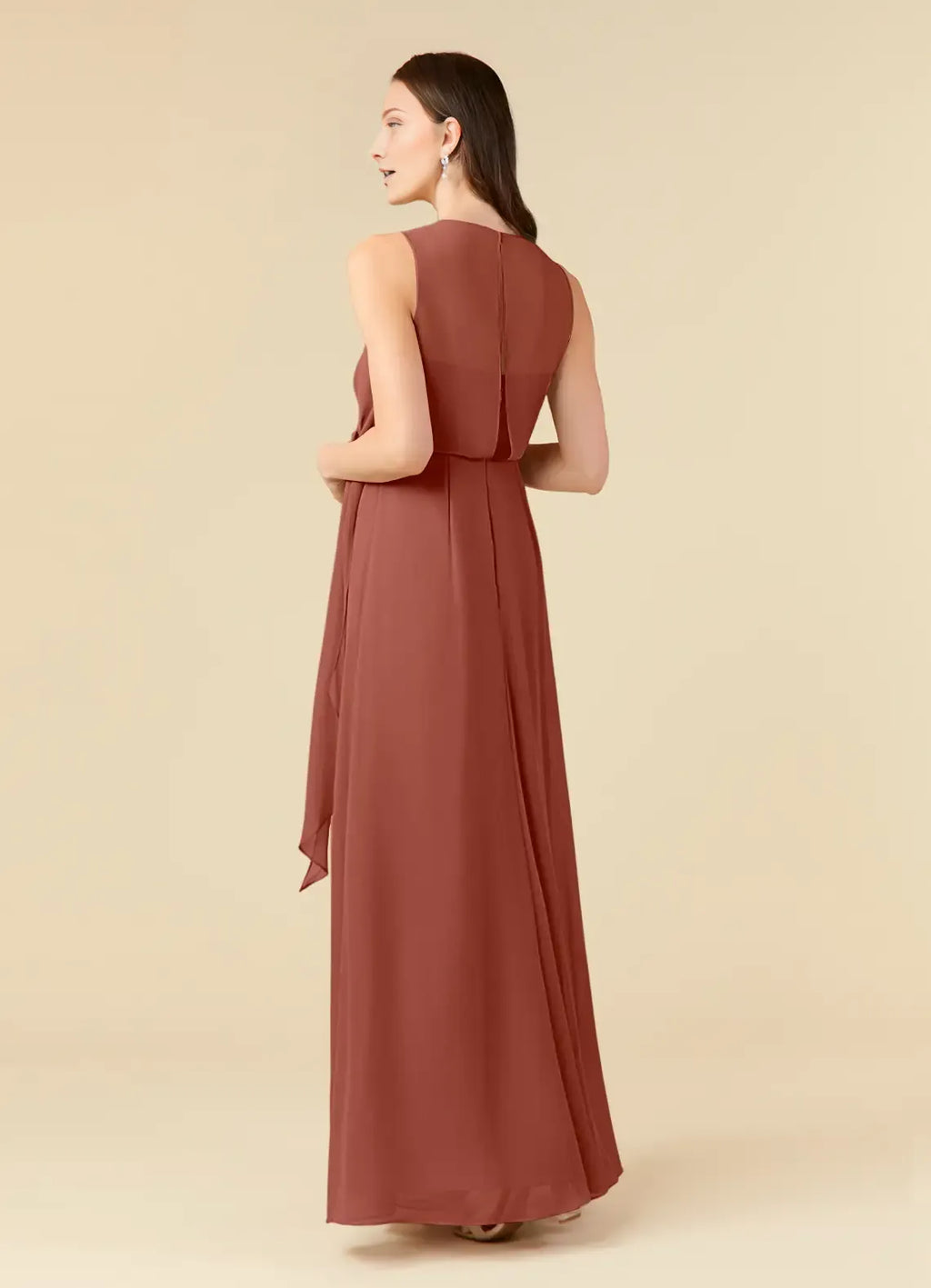 Auburn A-Line Scoop Pleated Mother of the Bride Dress with Sleeveless Design Wrap Around Tie Waist