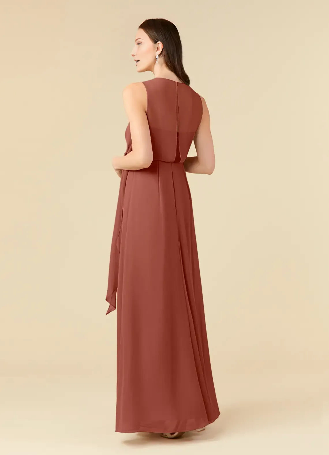 Auburn A-Line Scoop Pleated Mother of the Bride Dress with Sleeveless Design Wrap Around Tie Waist