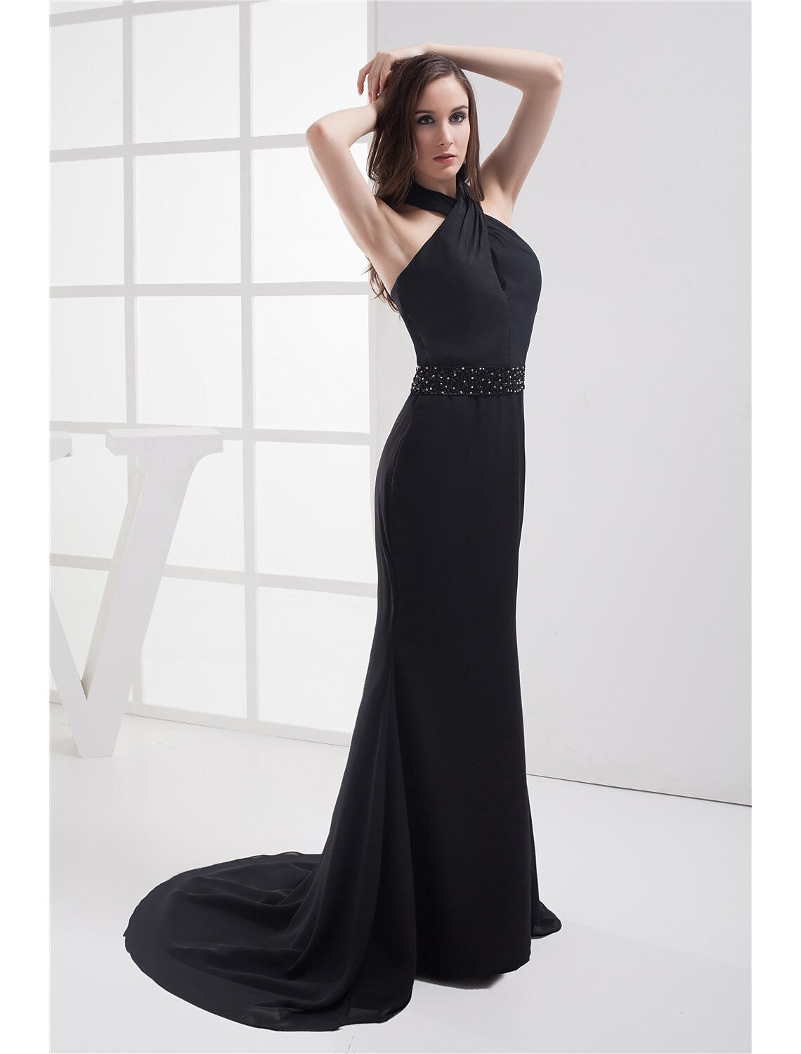Evening Gown Elegant Dress Formal Evening Court Train Sleeveless Halter with Beading