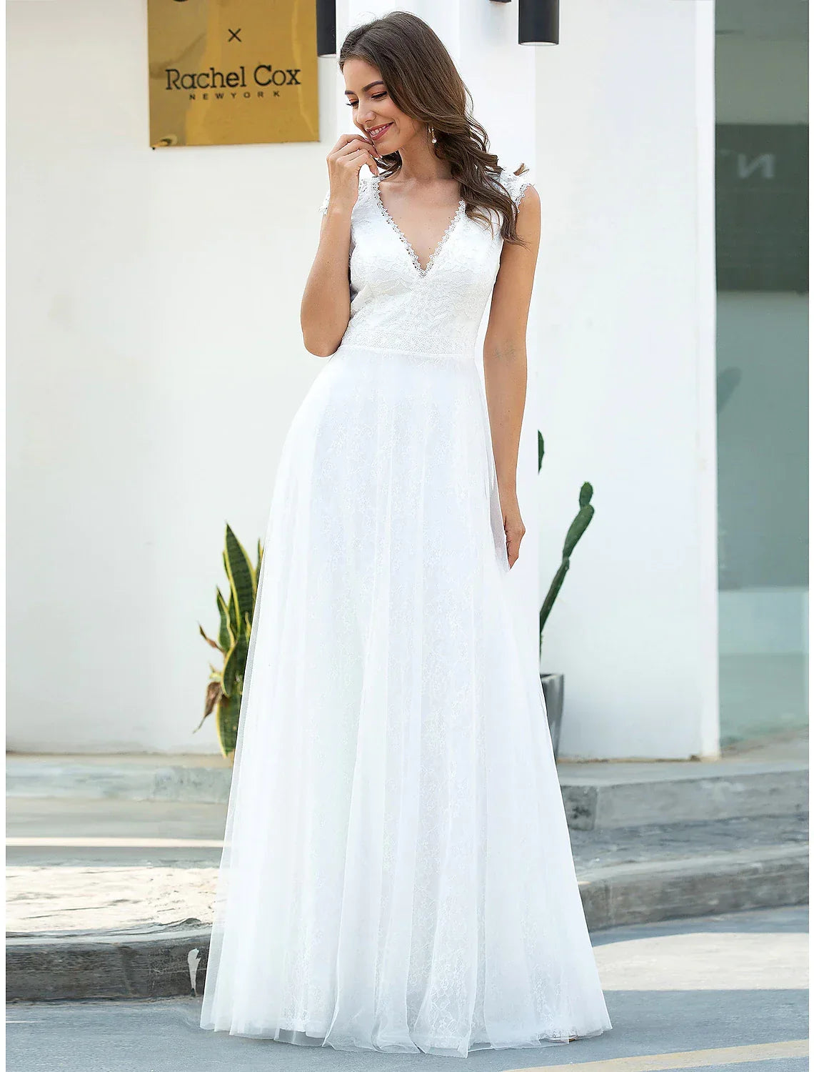 Beach Wedding Dresses Floor Length A-Line Short Sleeve V Neck
