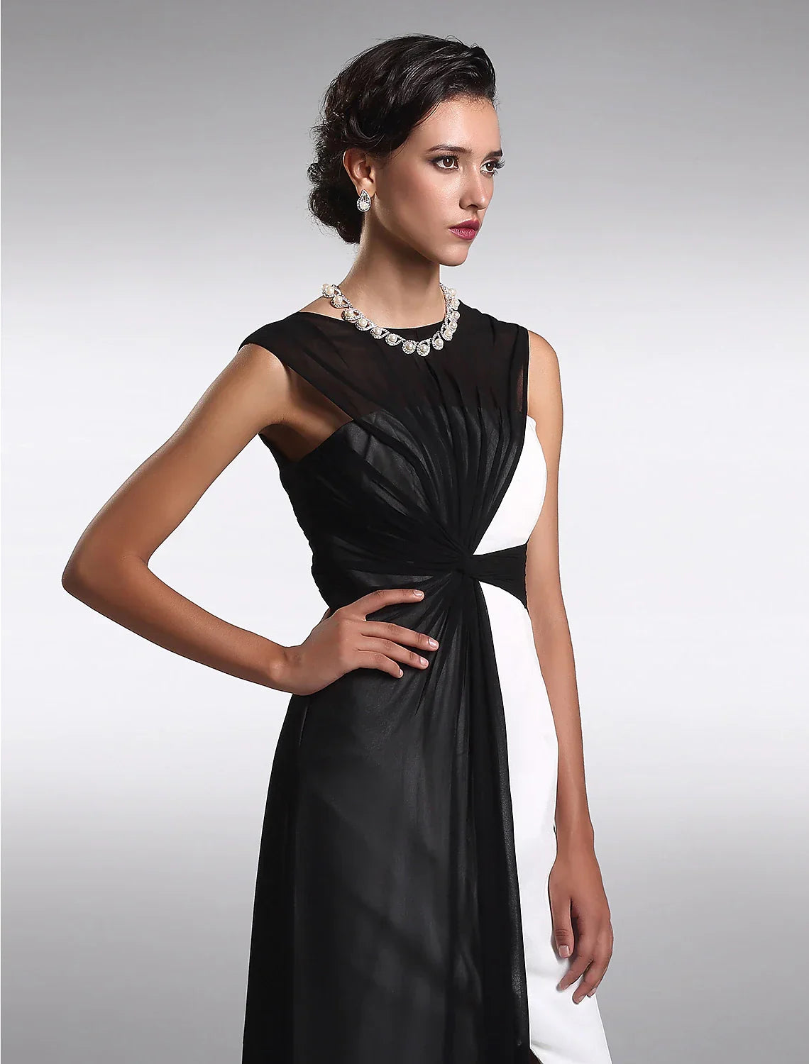Black Little Dress Dress Wedding Guest Floor Length Sleeveless V Back with Ruched